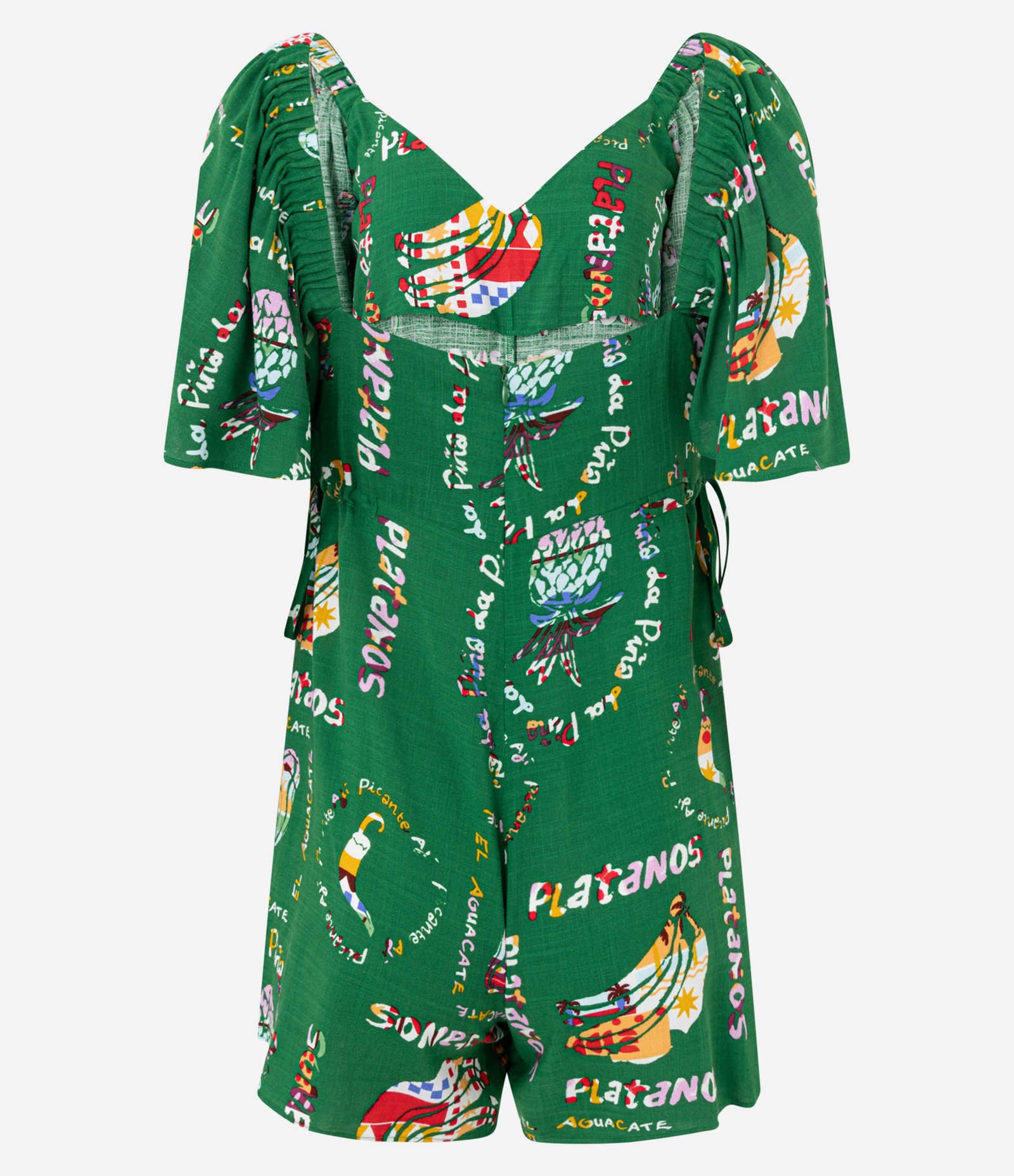 Macaquinho em Viscose com Amarração na Cintura e Estampa Tropical Verde 7