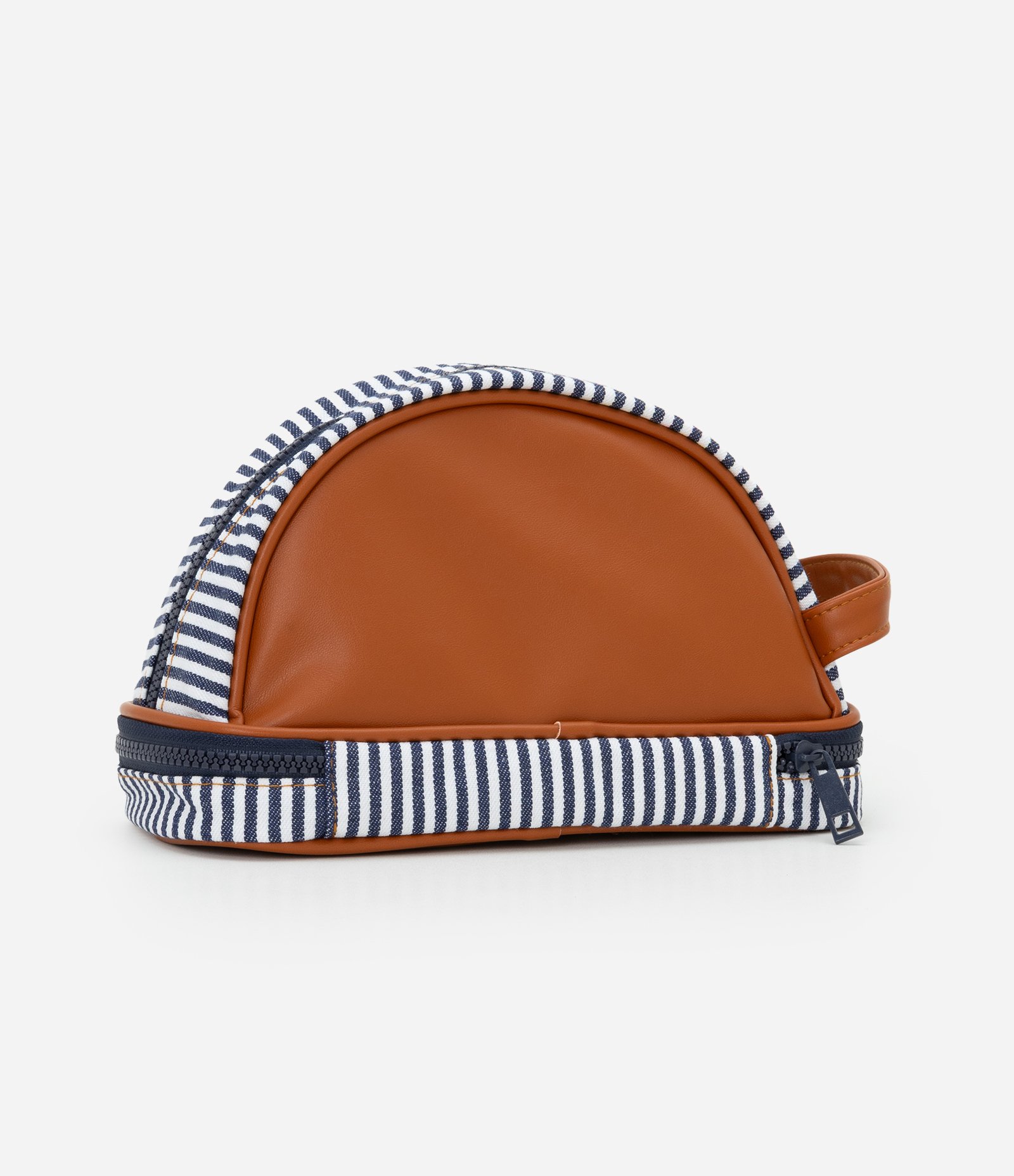 Nécessaire Trapézio com Alça Lateral e Listras Marrom 3