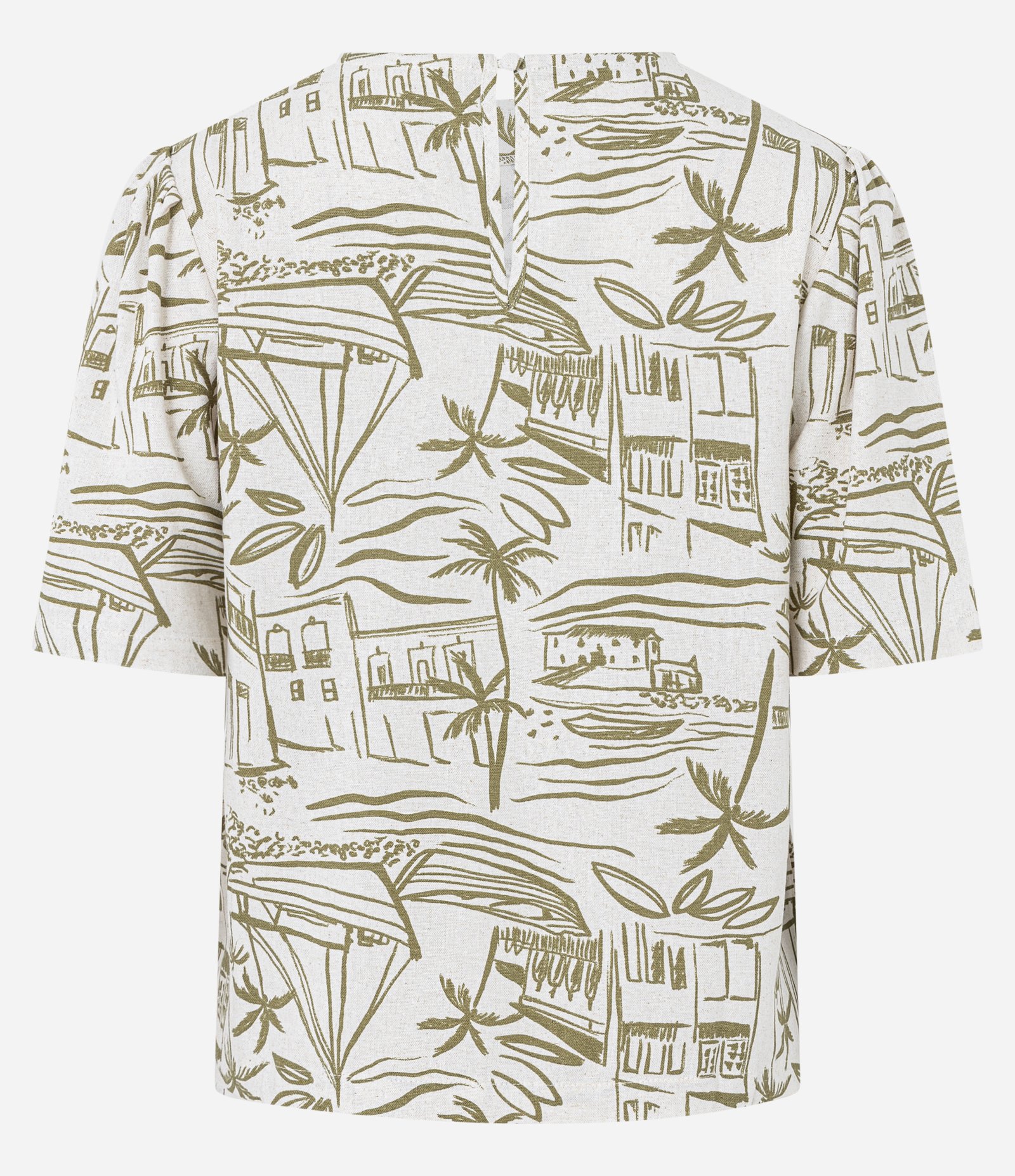 Blusa em Viscolinho com Estampa Vilarejo na Praia Dourado/Off White 8