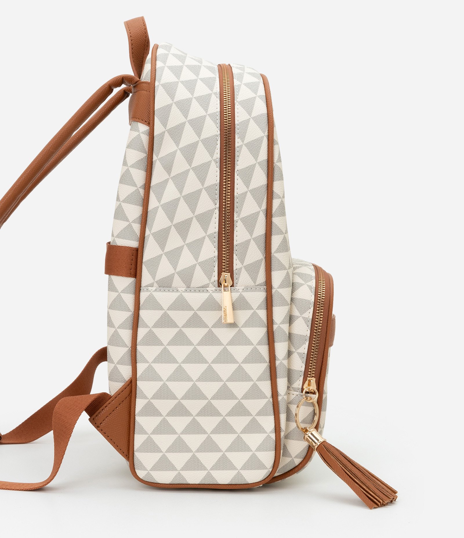 Mochila em PU com Estampa Triângulo e Bolso Frontal Off White 2