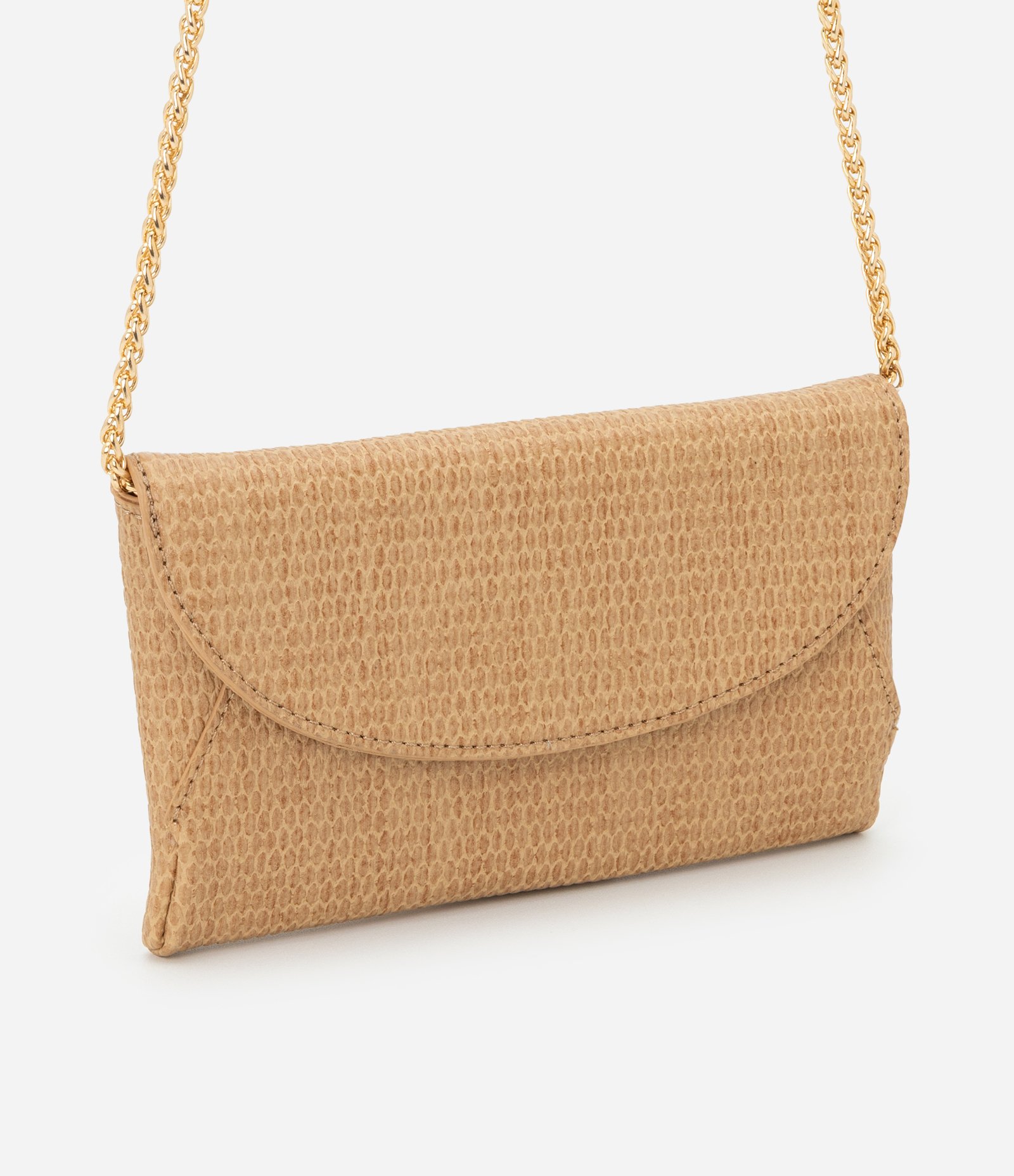 Bolsa Carteira Transversal Grande Textura Tressê com Tampa e Alça de Corrente Boho Romântico Bege 1