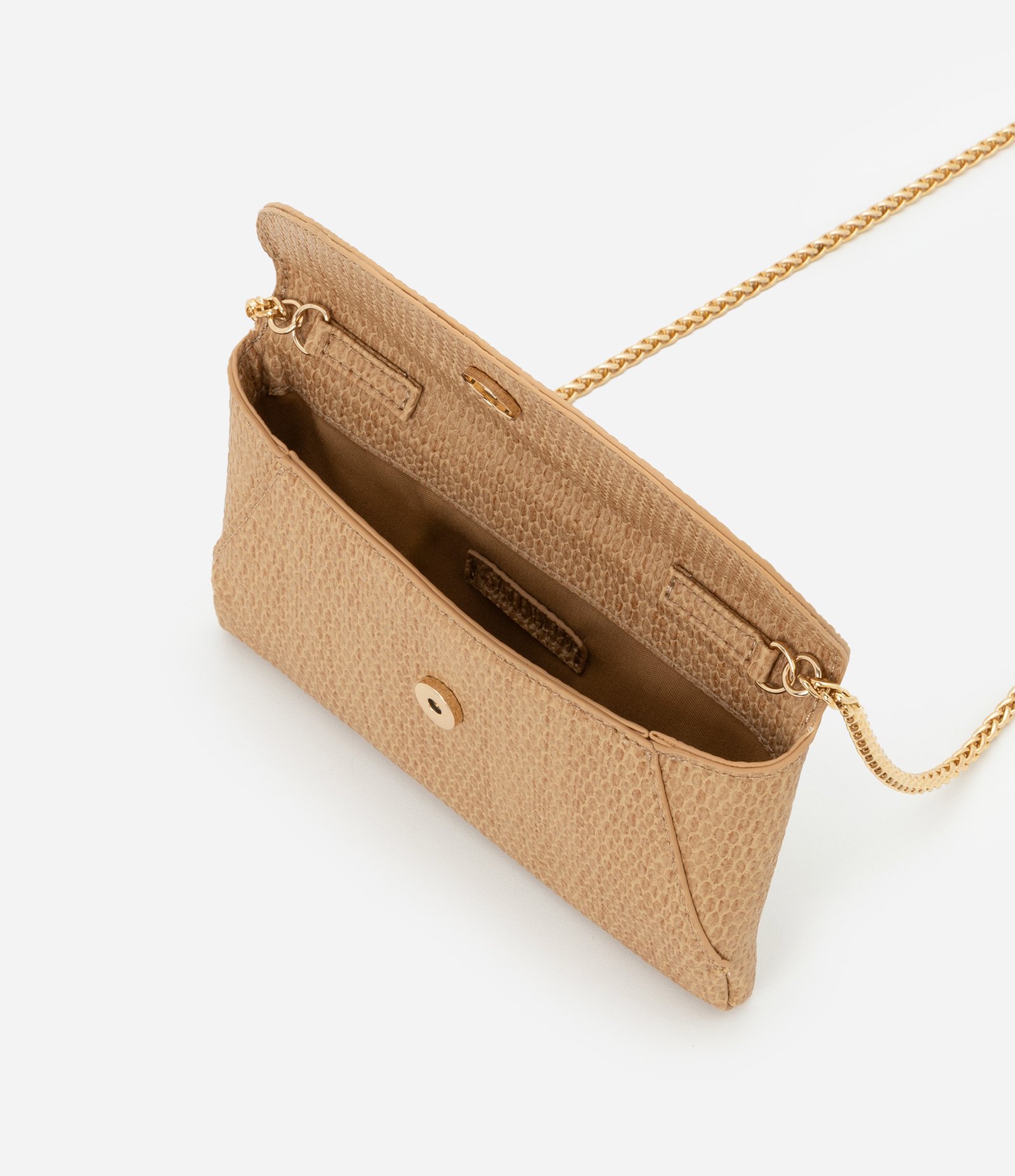 Bolsa Carteira Transversal Grande Textura Tressê com Tampa e Alça de Corrente Boho Romântico Bege 5