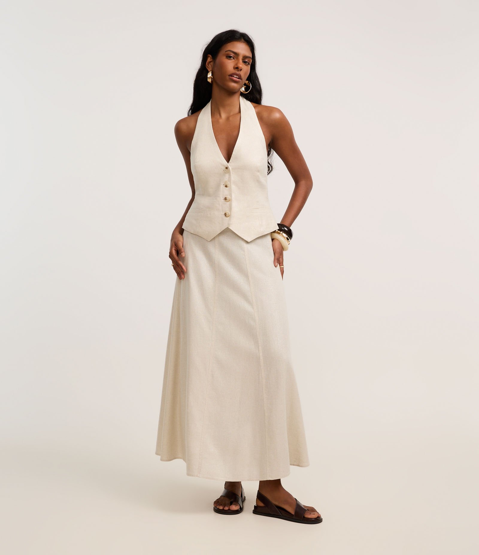 Colete Frente Única em Viscolinho com Barra V e Botões Bege 2