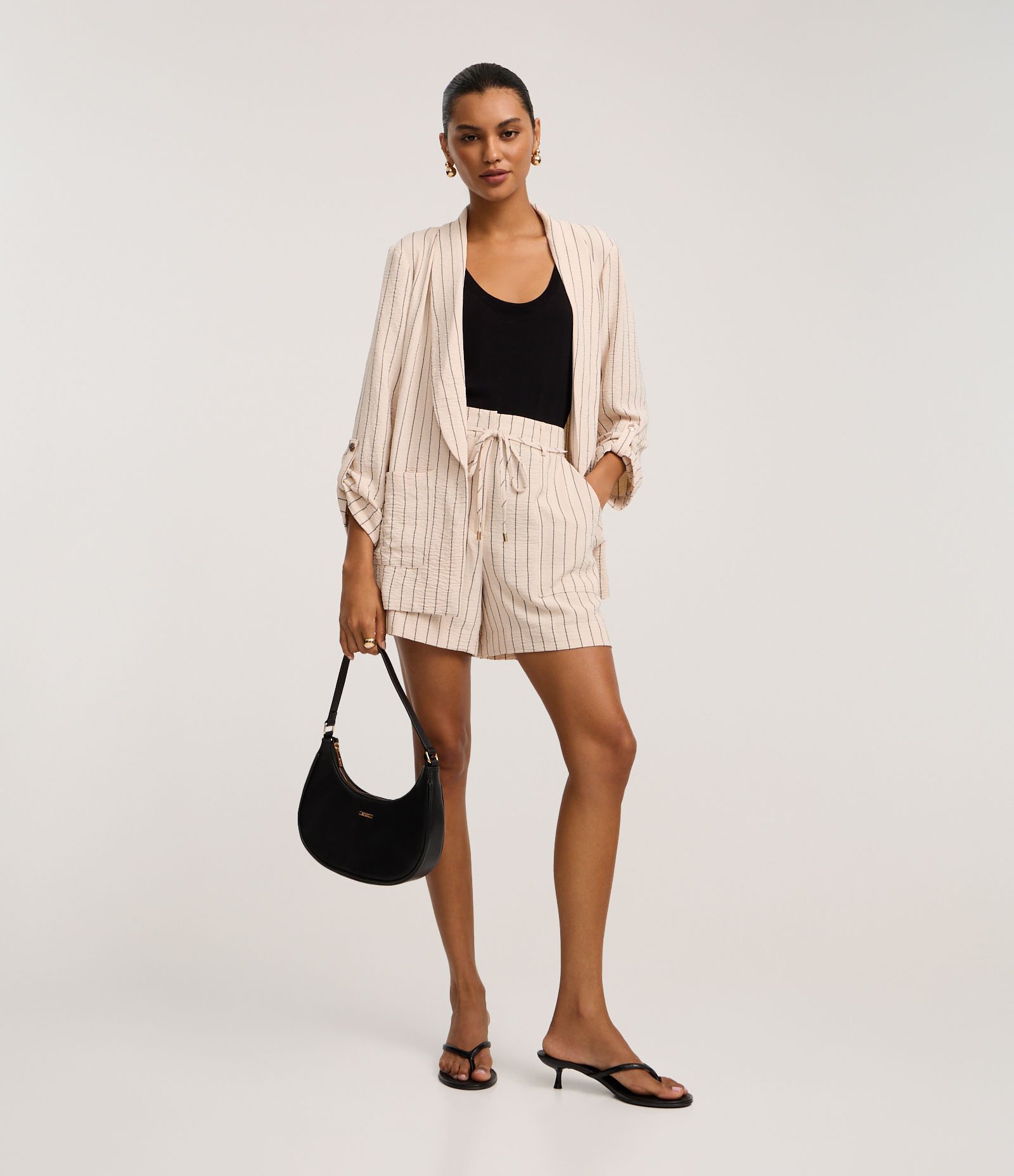 Blazer em Airflow com Listras Verticais de Fio Tinto Bege 2