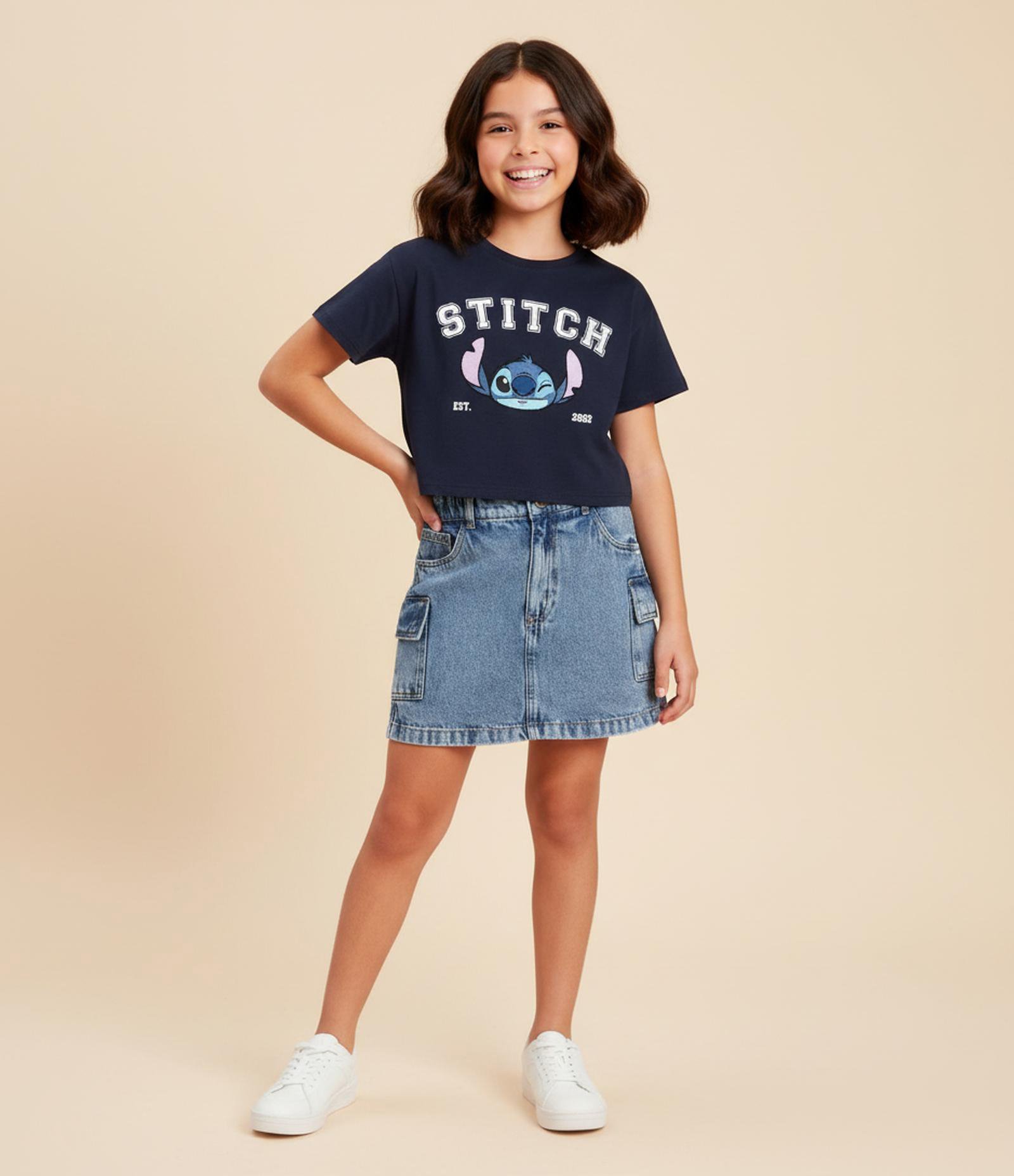 Short Saia Infantil Jeans com Bolsos Cargo - Tam 5 a 14 Anos Azul 1