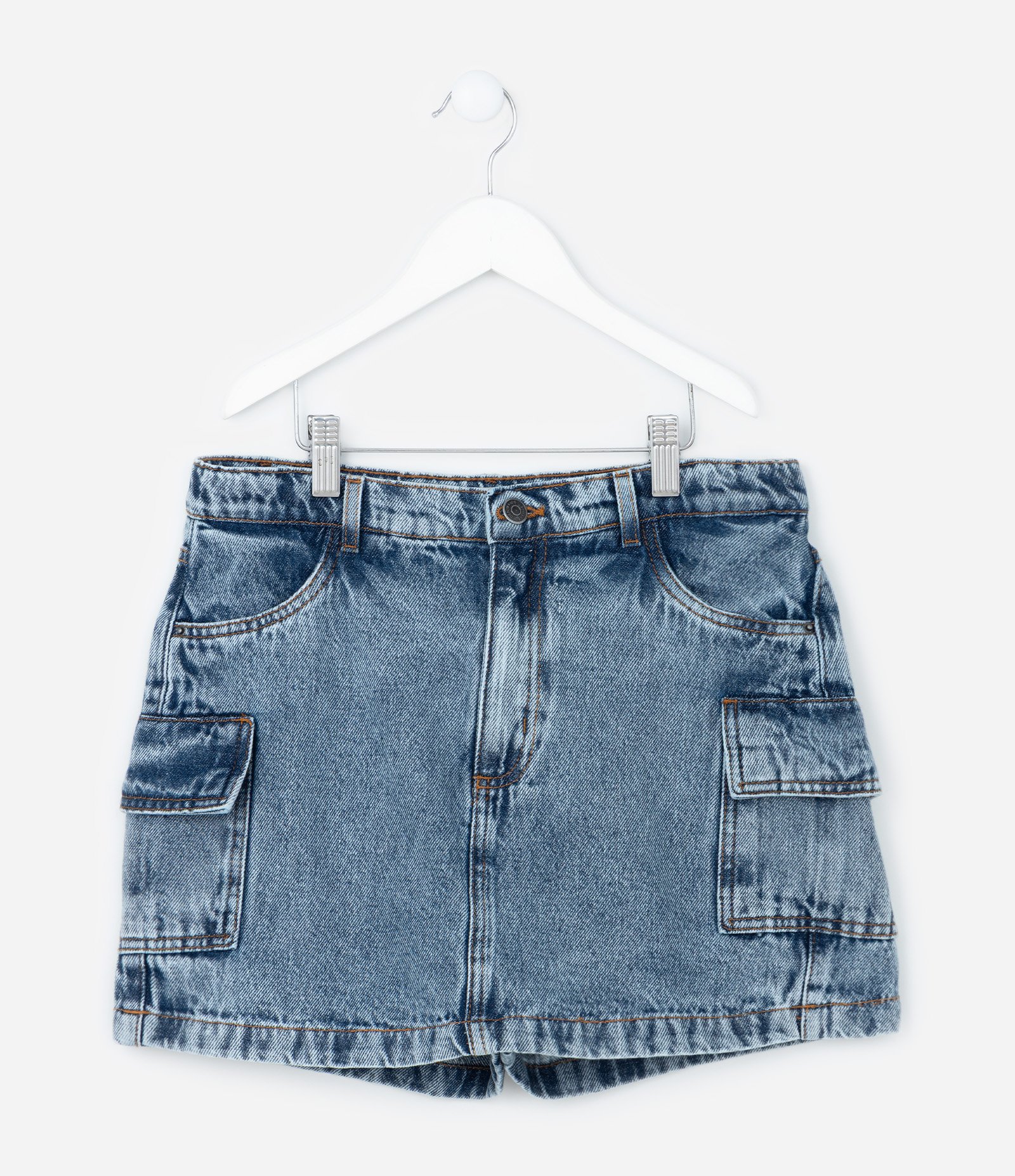 Short Saia Infantil Jeans com Bolsos Cargo - Tam 5 a 14 Anos Azul 1