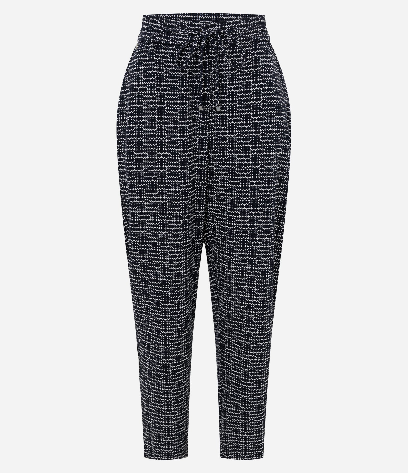 Calça Cenoura Cintura Alta em Crepe com Estampa Geométrica Azul 5