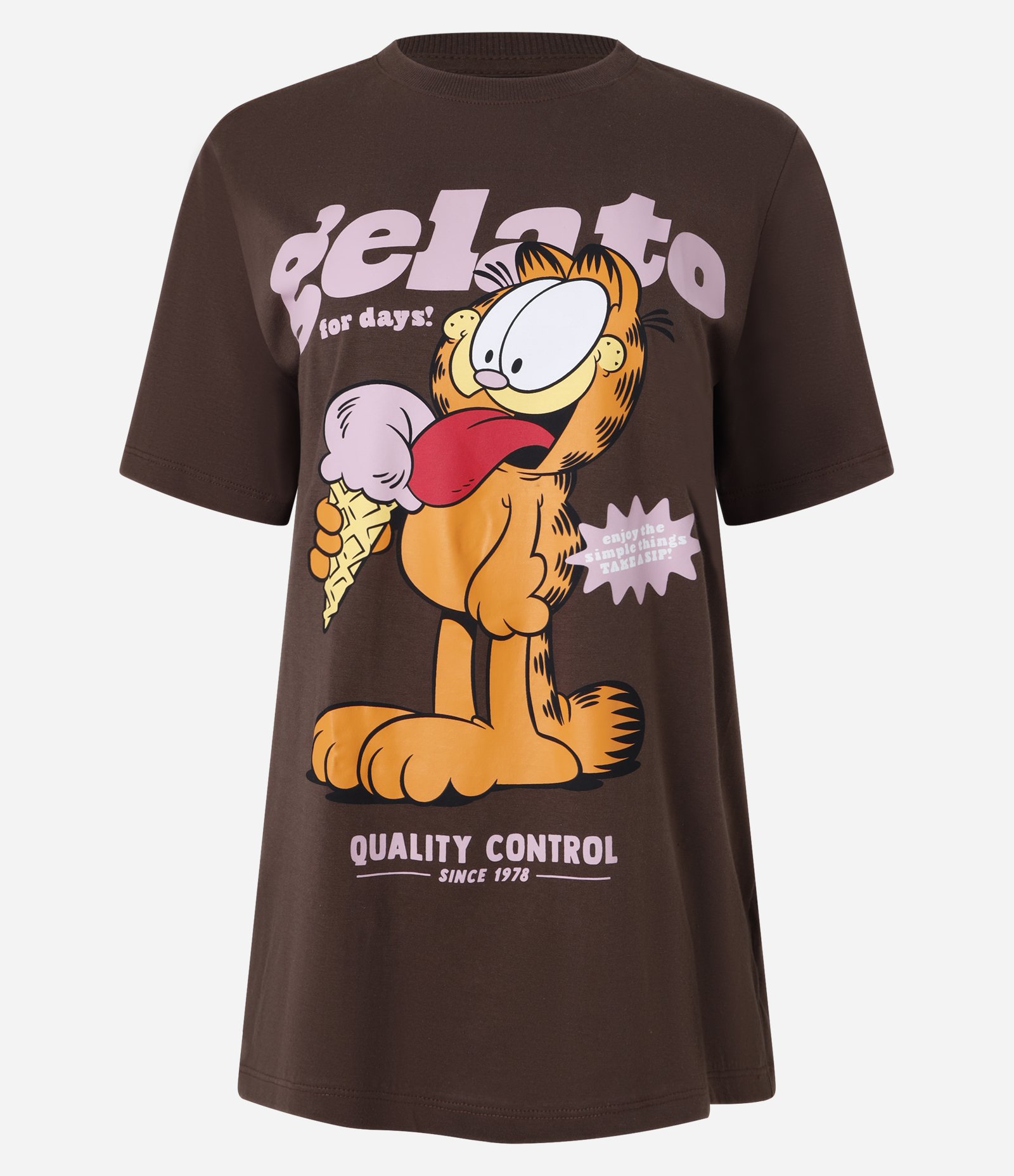 Camiseta Alongada em Algodão com Estampa Garfield Gelato Marrom 4