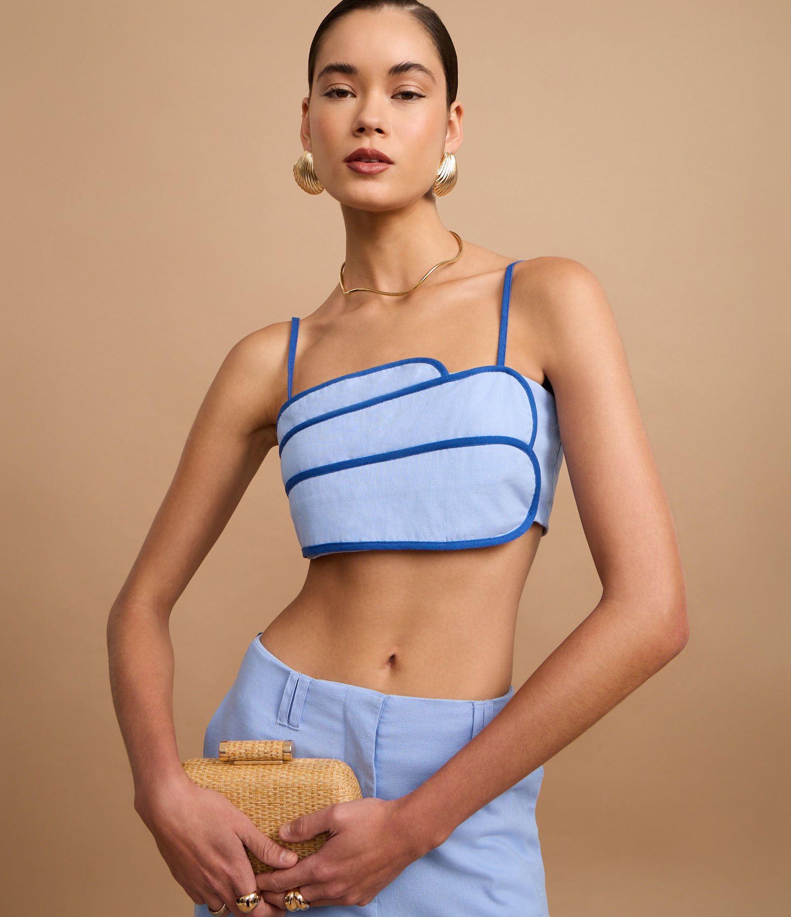 Top de Alça em Viscolinho com Listra Contrastante no Busto Azul 5