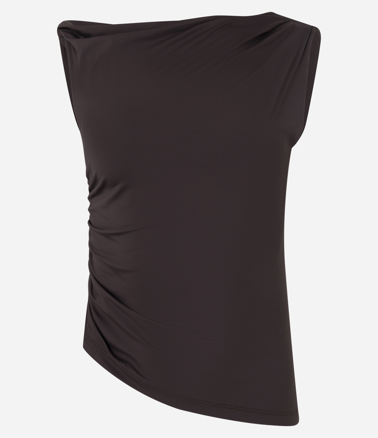 Blusa em Microfibra com Decote Ombro Só e Franzidos Marrom 5