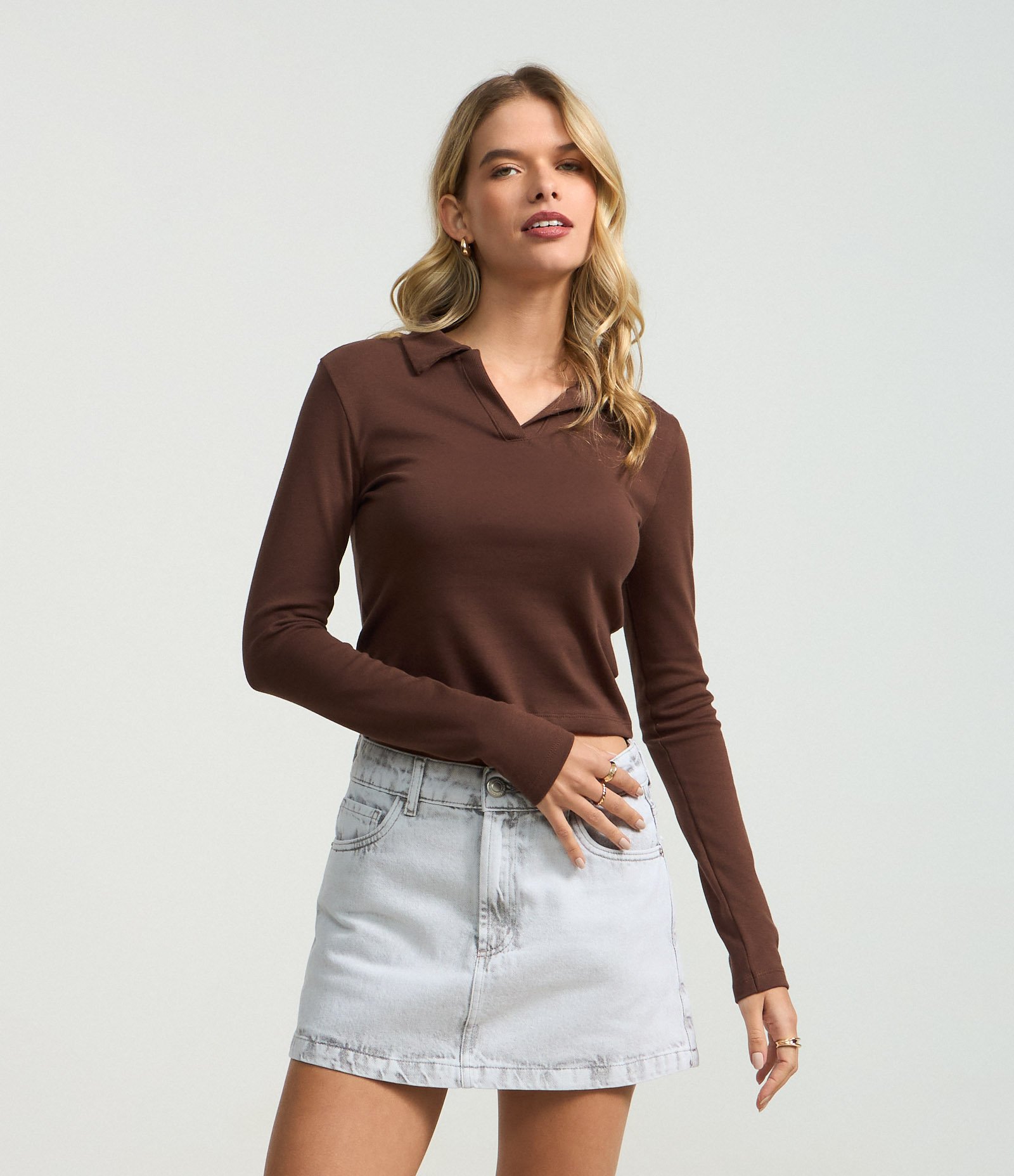 Blusa Polo em Ribana de Algodão com Mangas Longas Marrom 1