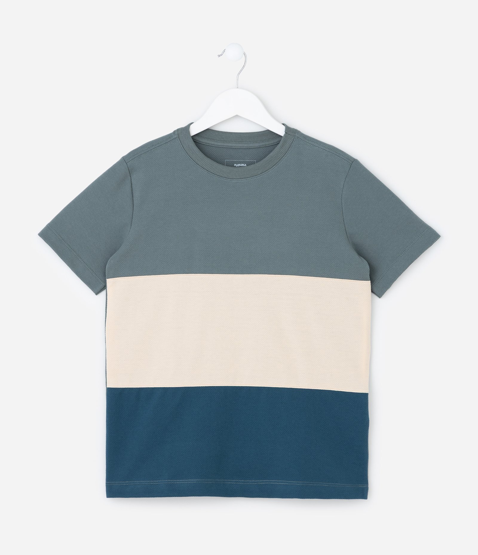 Camiseta Infantil em Malha com Blocos de Cores - Tam 5 a 14 anos Cinza/Bege/Azul 1