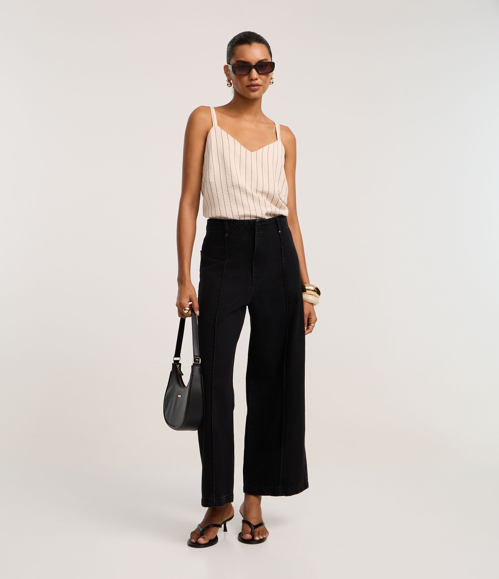 Blusa de Alça em Airflow com Listras Verticais de Fio Tinto Bege 5