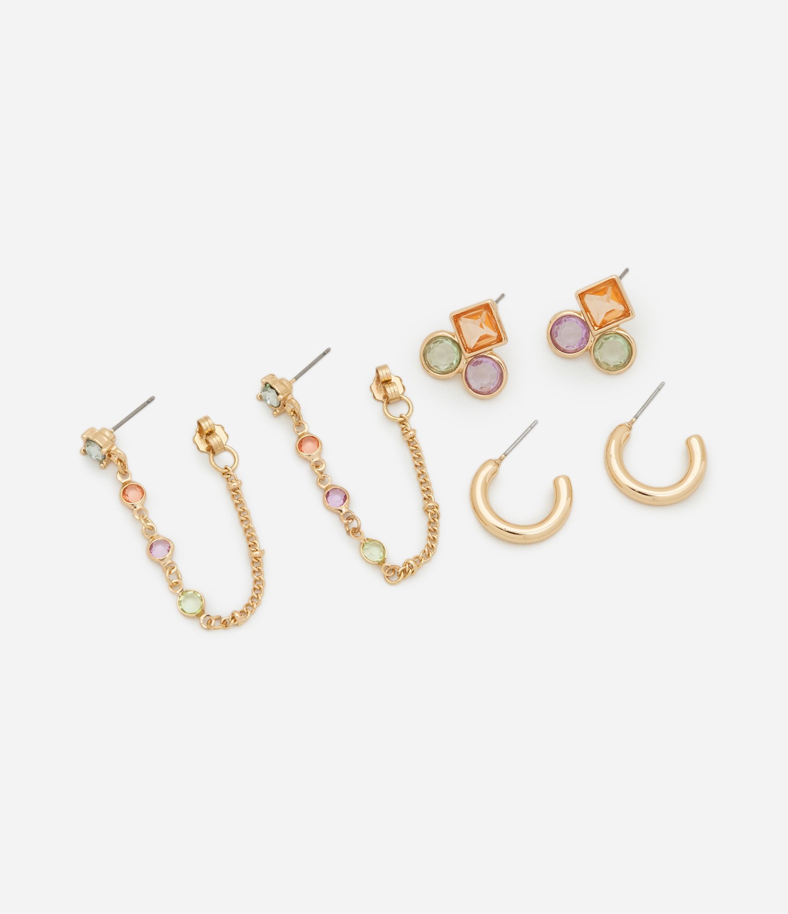 Kit 03 Brincos com Pedrarias e Formatos Variados Dourado 1