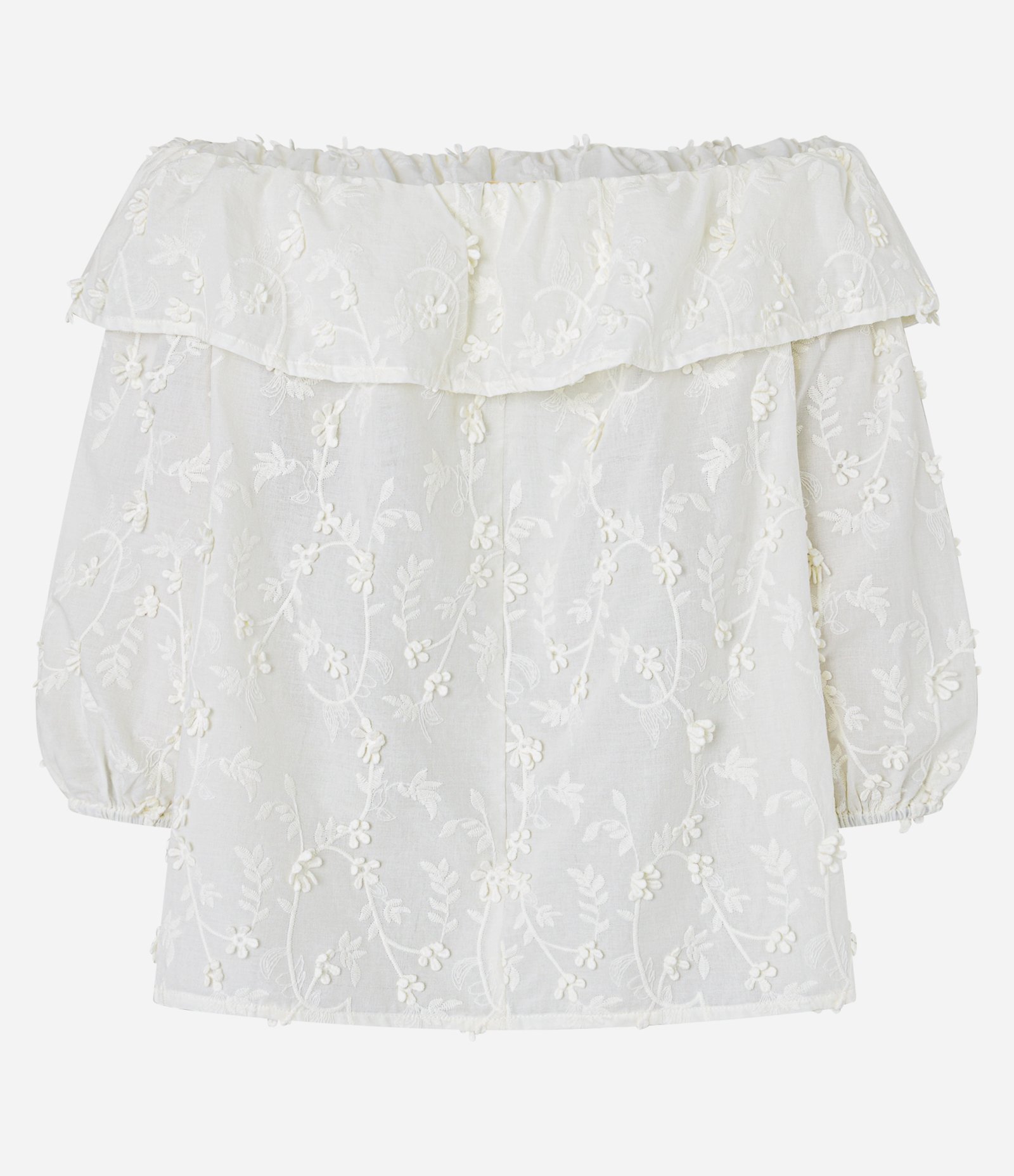 Blusa Ombro a Ombro com Babado e Bordado Floral Branco 7