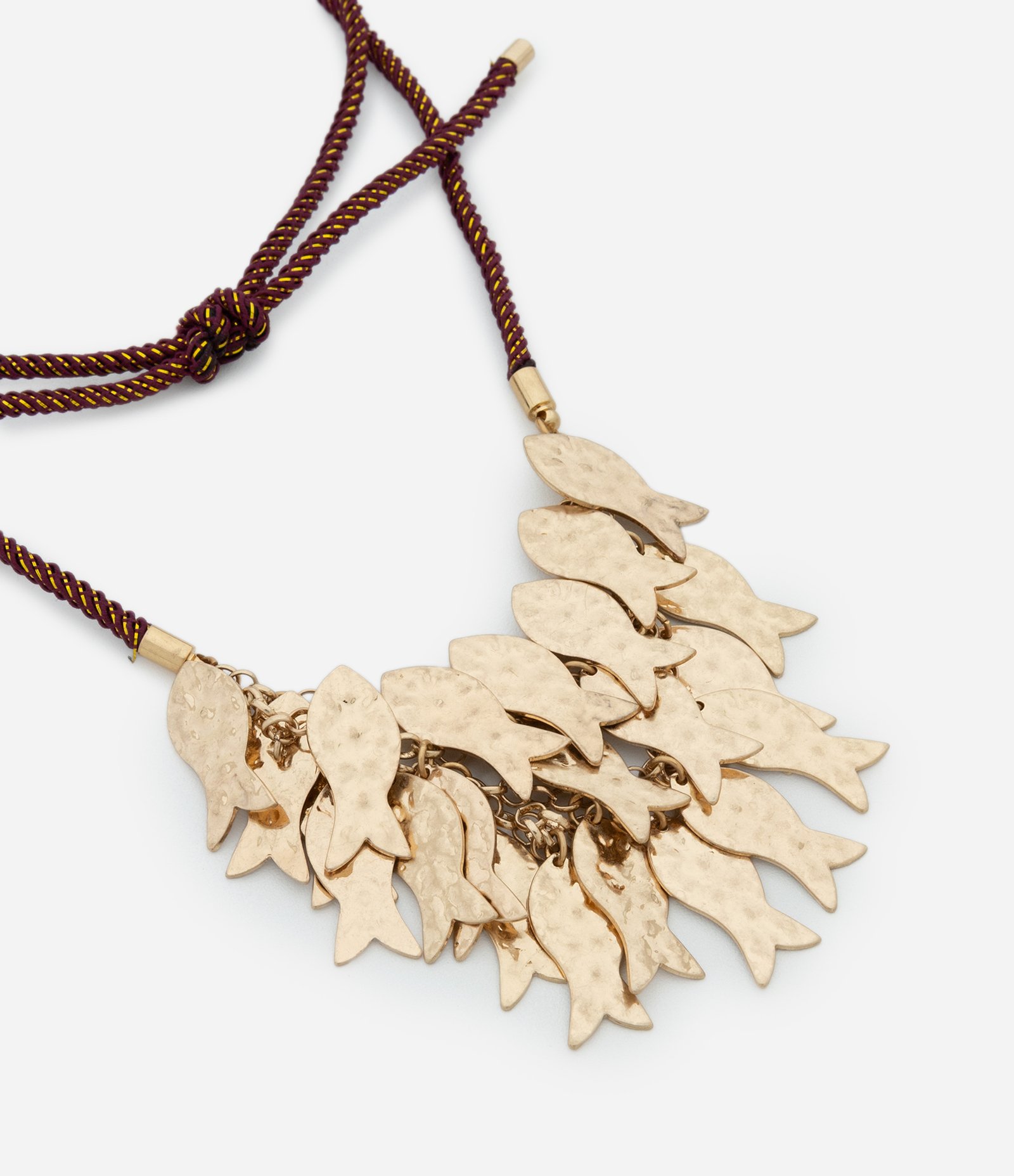 Colar Curto com Cordão e Pingentes de Peixes Martelados Vermelho Bordô 2