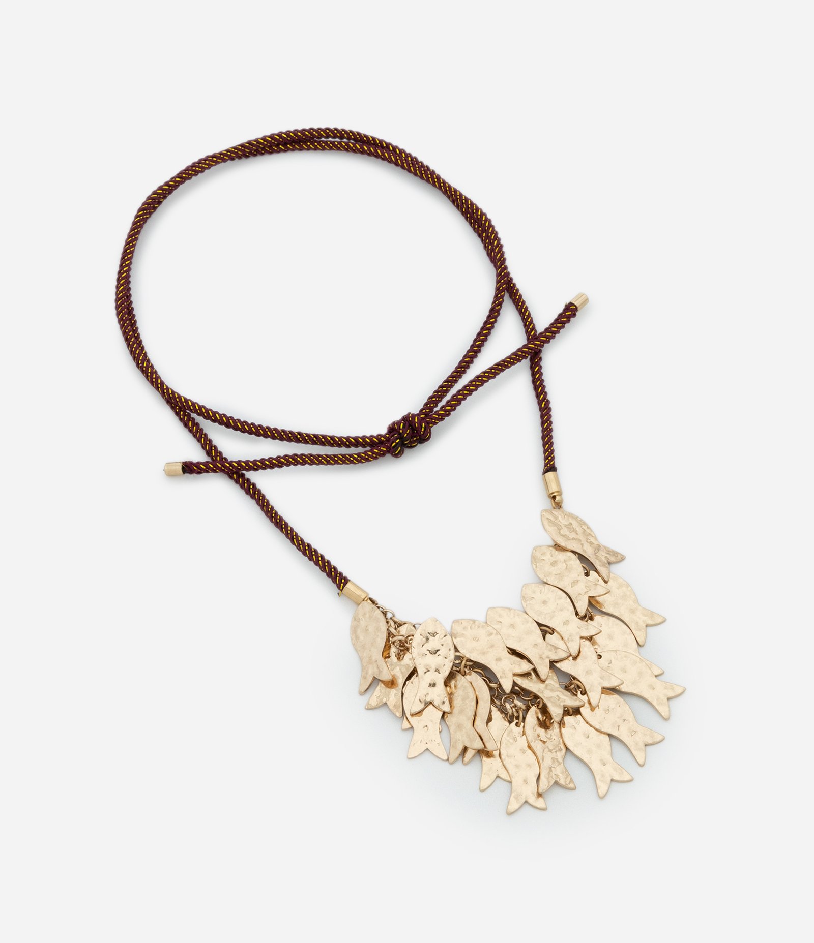 Colar Curto com Cordão e Pingentes de Peixes Martelados Vermelho Bordô 3