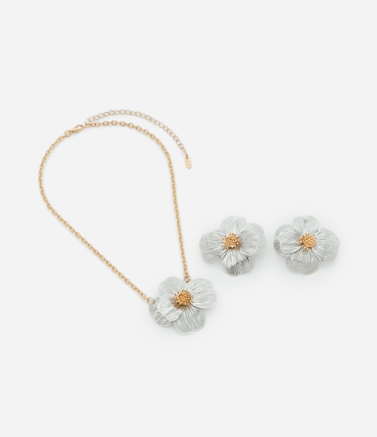 Conjunto de Colar e Brinco Formato de Flor Dourado/Bege 3