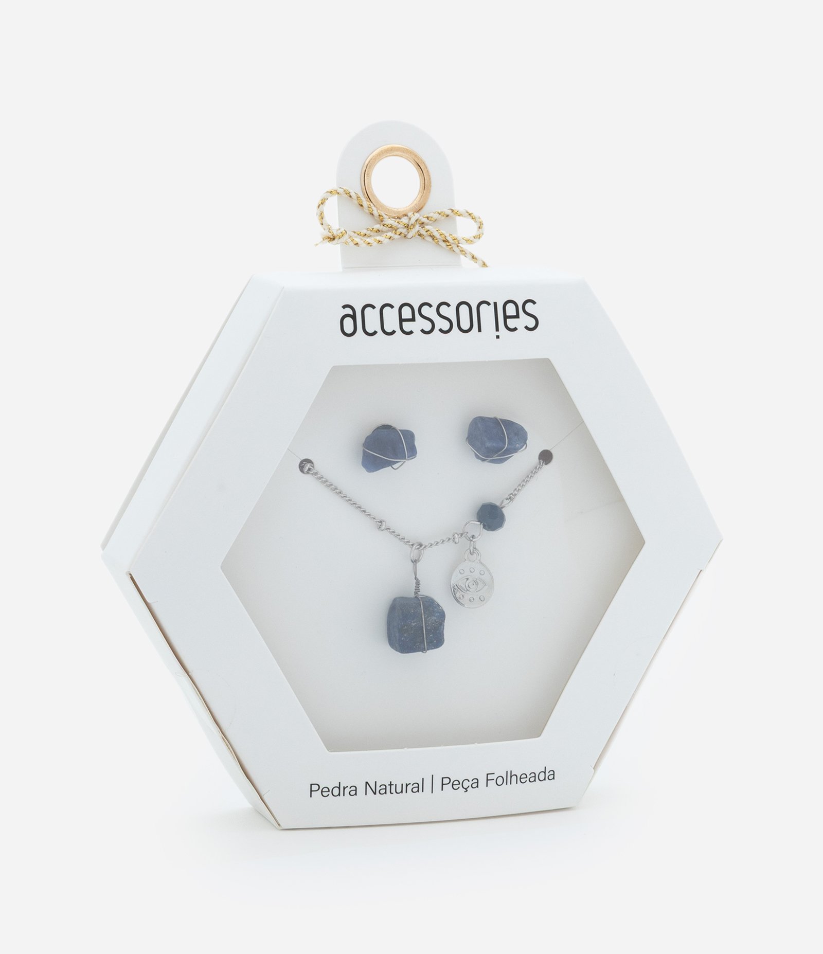 Conjunto de Colar Curto com Pingente e Brinco Botão de Pedra Natural Folheado Prata/Azul 1