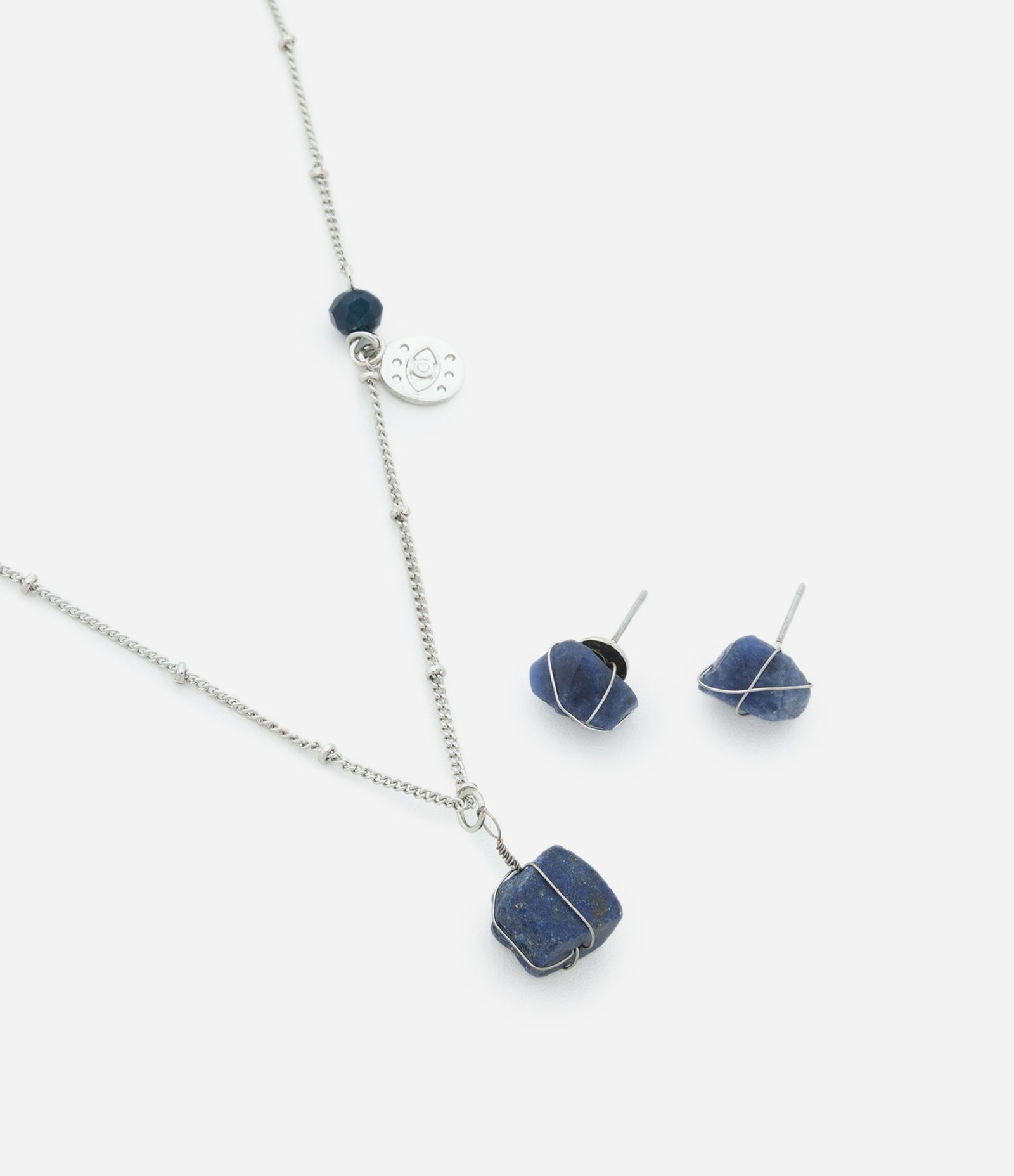 Conjunto de Colar Curto com Pingente e Brinco Botão de Pedra Natural Folheado Prata/Azul 2