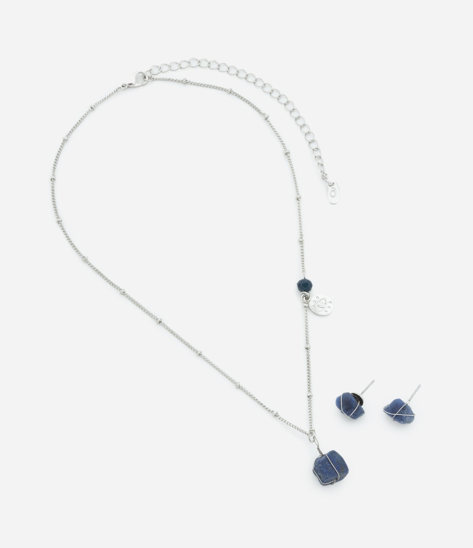 Conjunto de Colar Curto com Pingente e Brinco Botão de Pedra Natural Folheado Prata/Azul 3