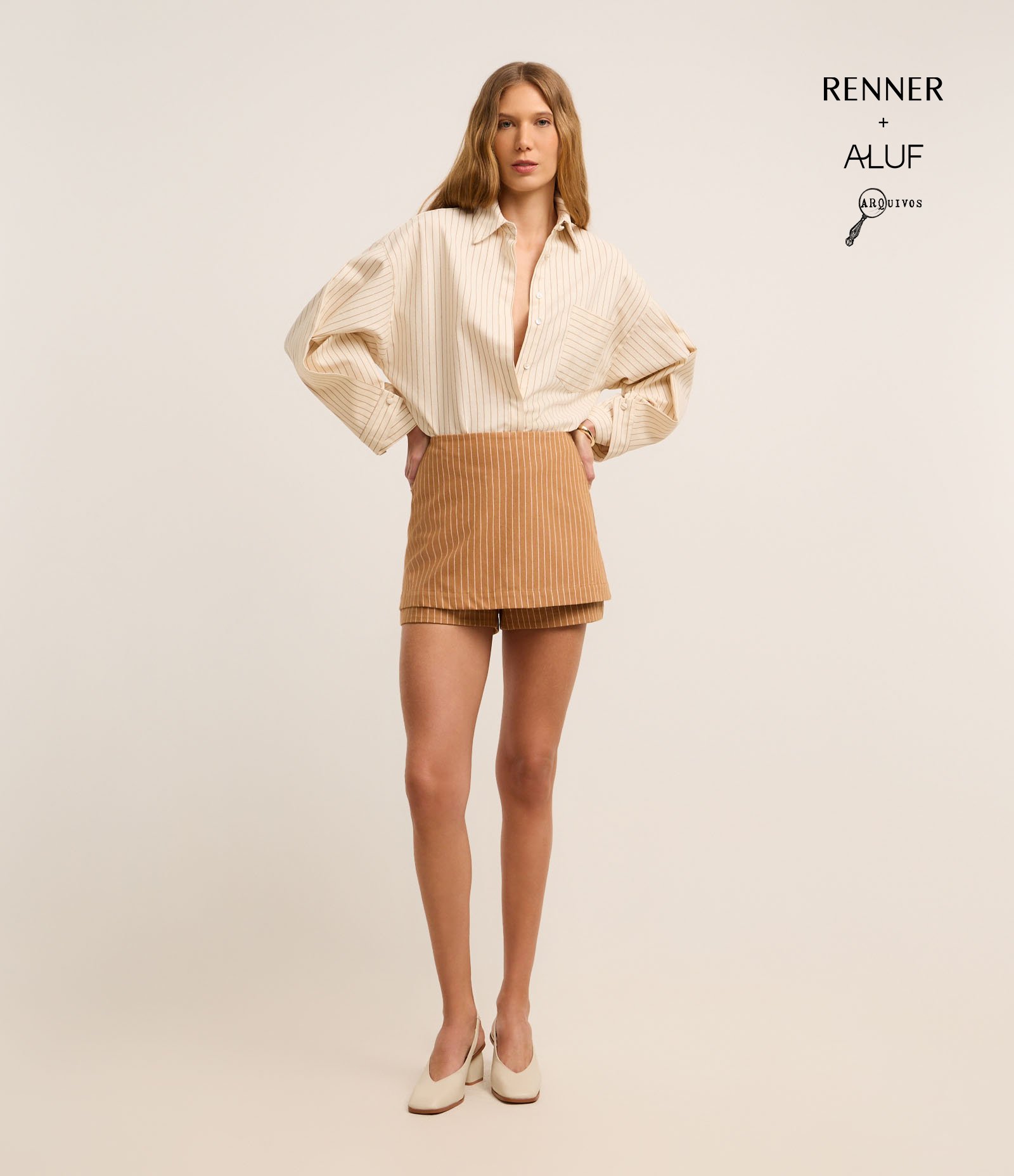Short Saia Cintura Alta em Algodão com Listras Verticais Marrom 1