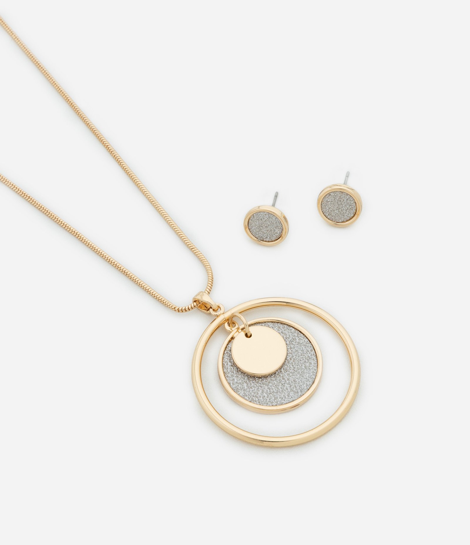 Conjunto de Colar Longo com Pingente Mandala Brilhoso e Brinco Mini Botão Brilhante Dourado 1