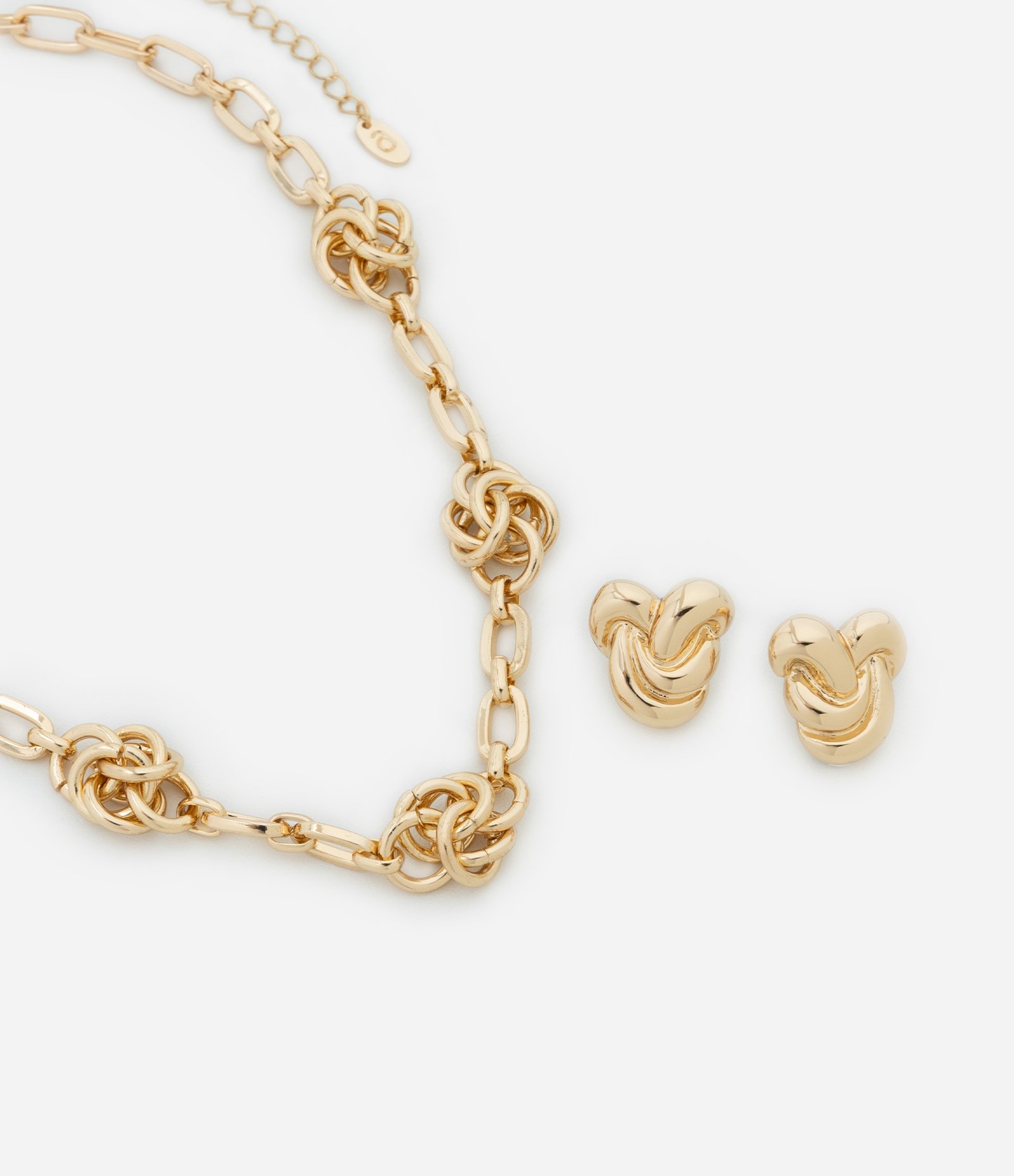 Conjunto de Colar Curto Corrente com Nós e Brinco Botão Elos Dourado 1