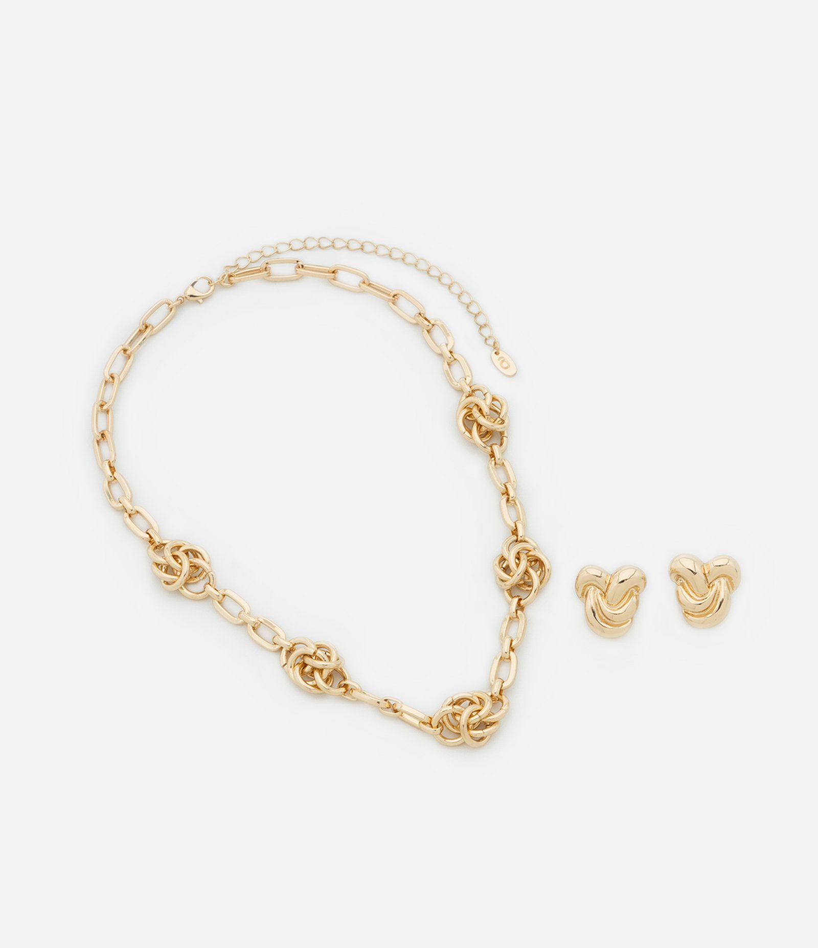 Conjunto de Colar Curto Corrente com Nós e Brinco Botão Elos Dourado 2
