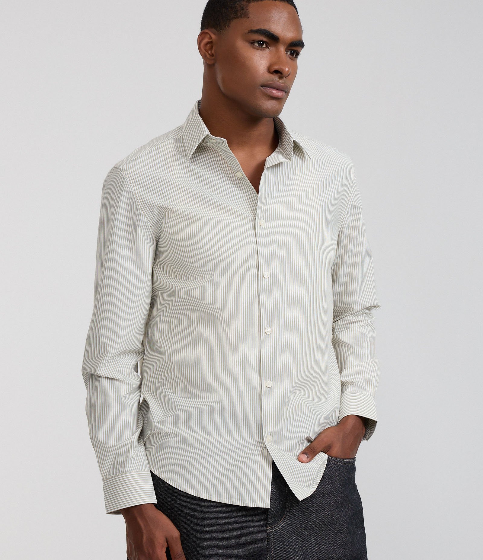 Camisa Regular em Alfaiataria Listrada Verde 1