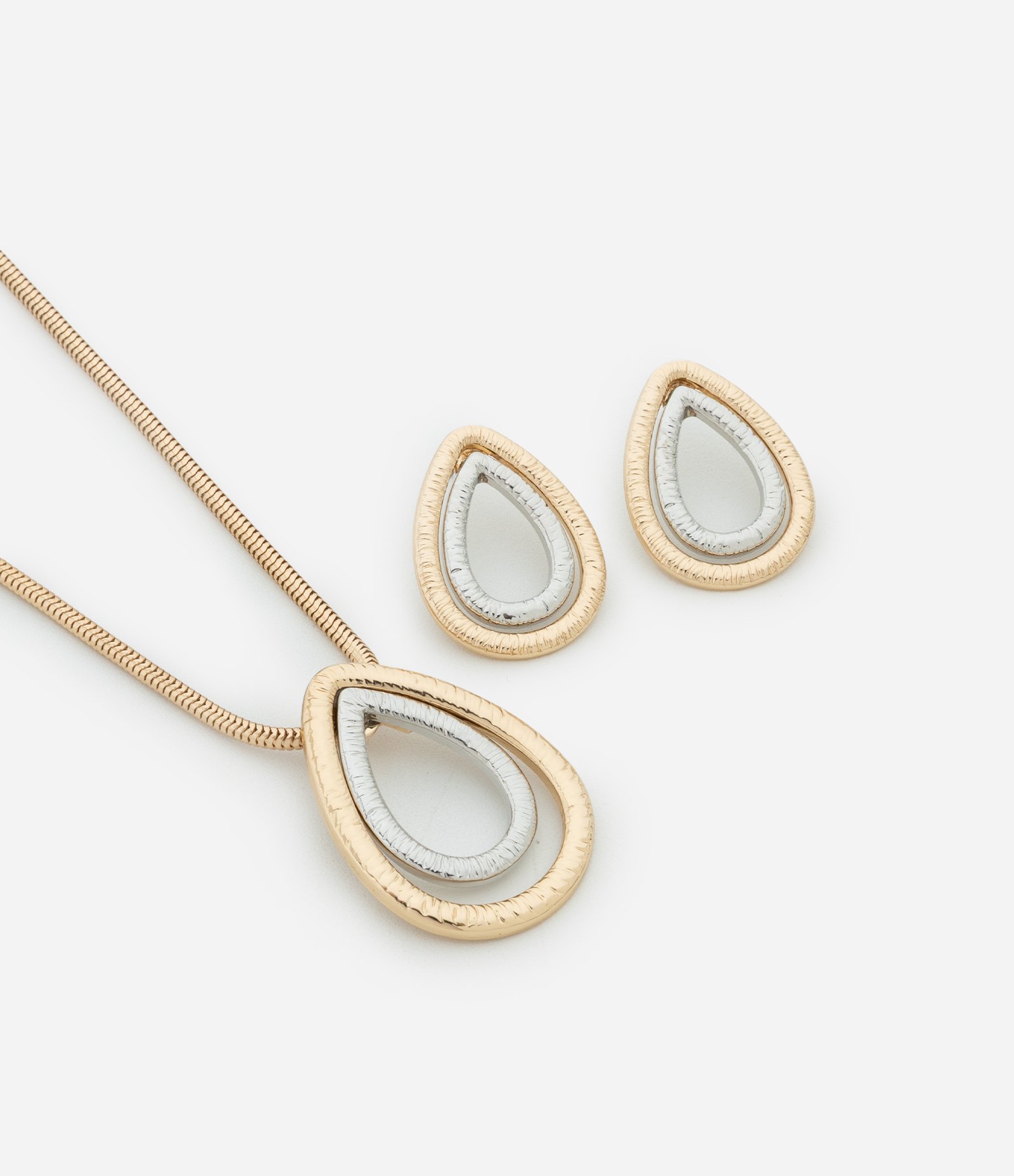 Conjunto de Colar Longo com Pingente Gota e Brincos Gota Bicolor Dourado 1