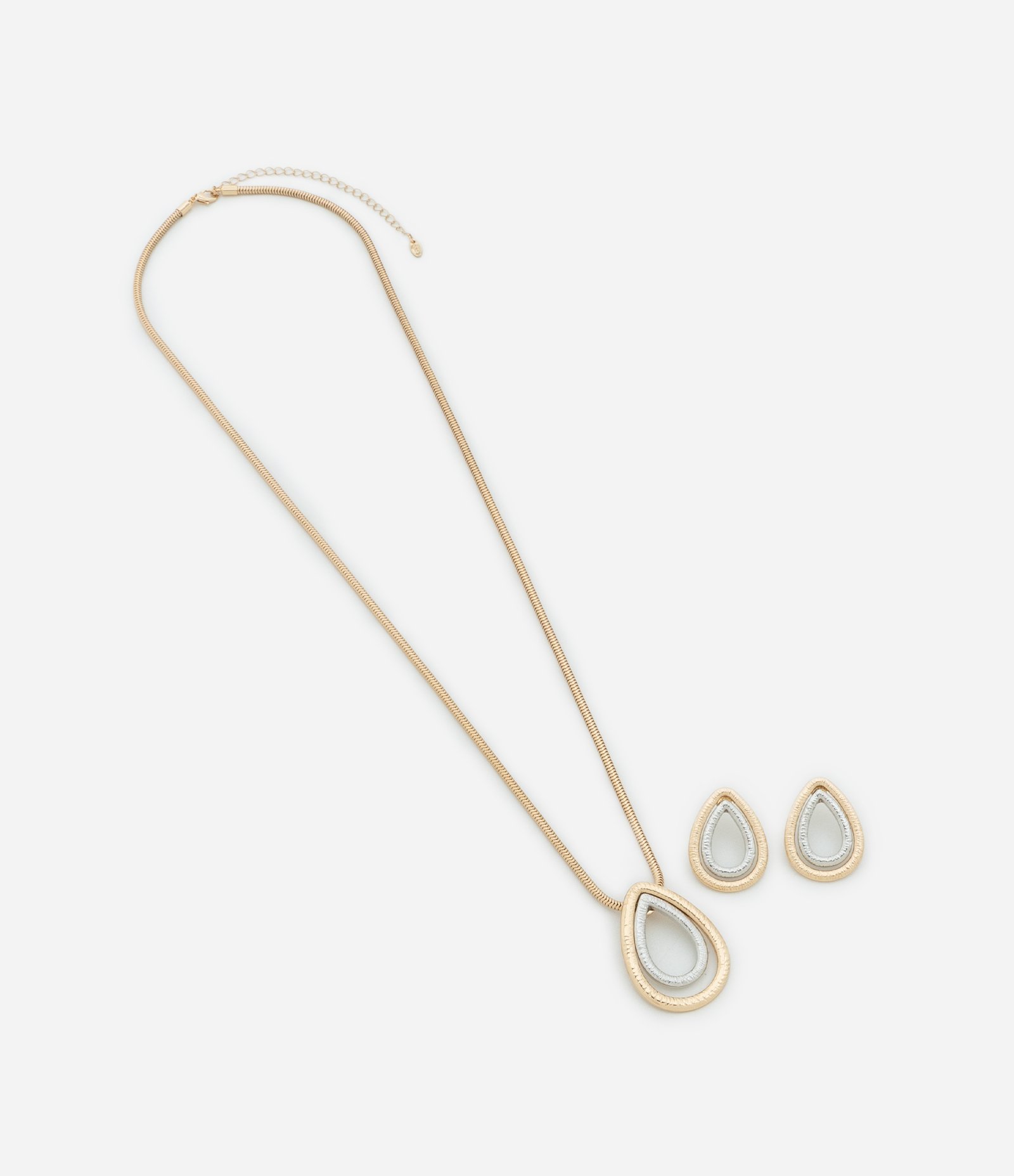 Conjunto de Colar Longo com Pingente Gota e Brincos Gota Bicolor Dourado 2
