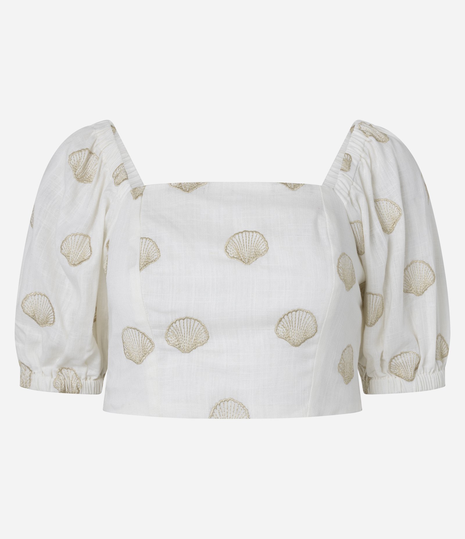Blusa em Viscolinho com Manga Bufante e Bordado Conchas Branco 7