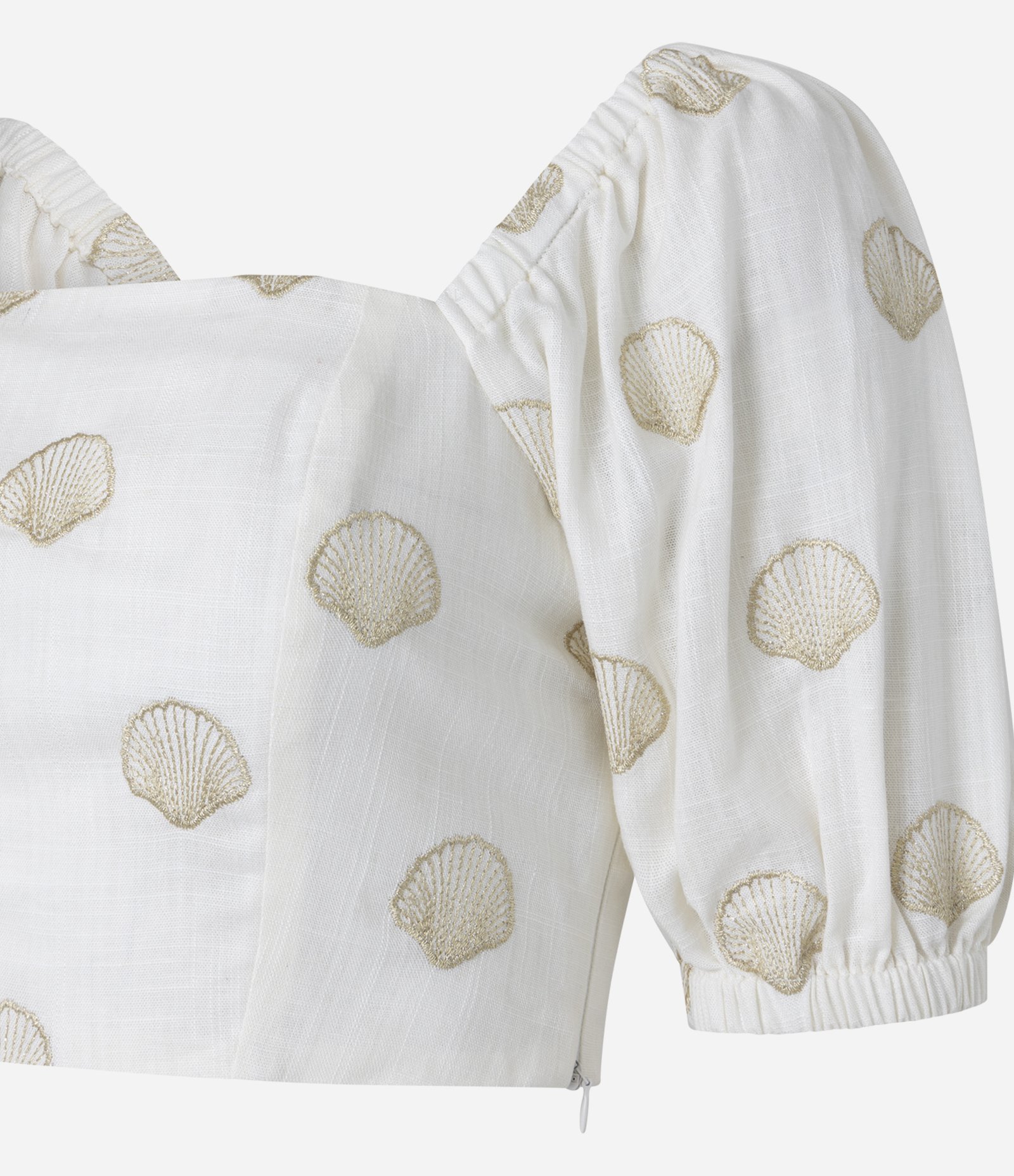 Blusa em Viscolinho com Manga Bufante e Bordado Conchas Branco 8