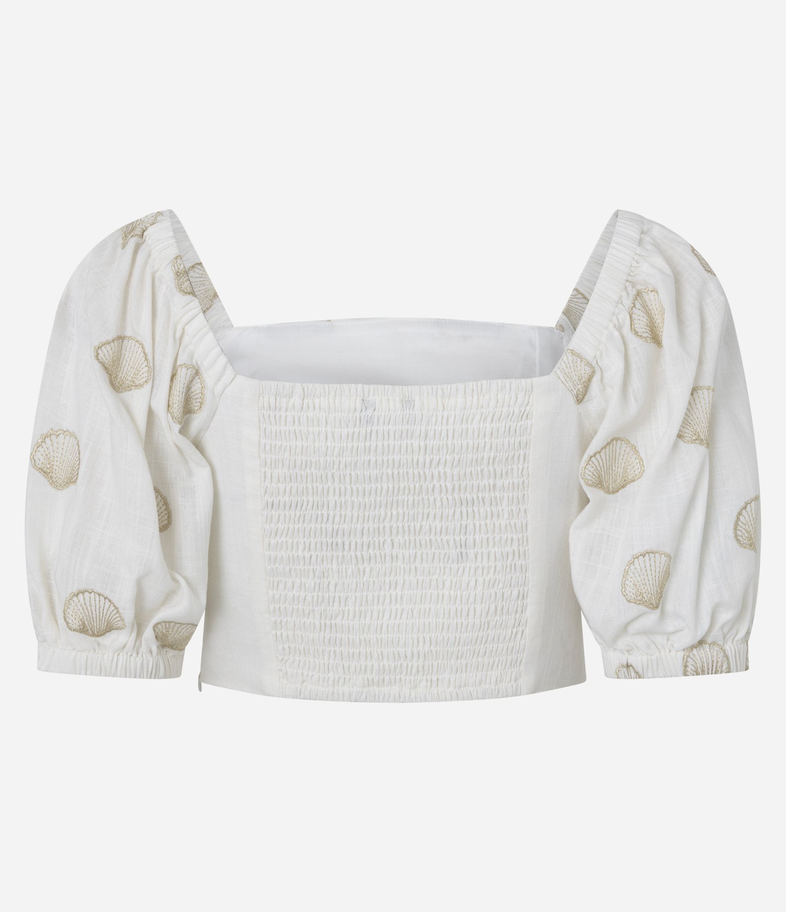 Blusa em Viscolinho com Manga Bufante e Bordado Conchas Branco 9