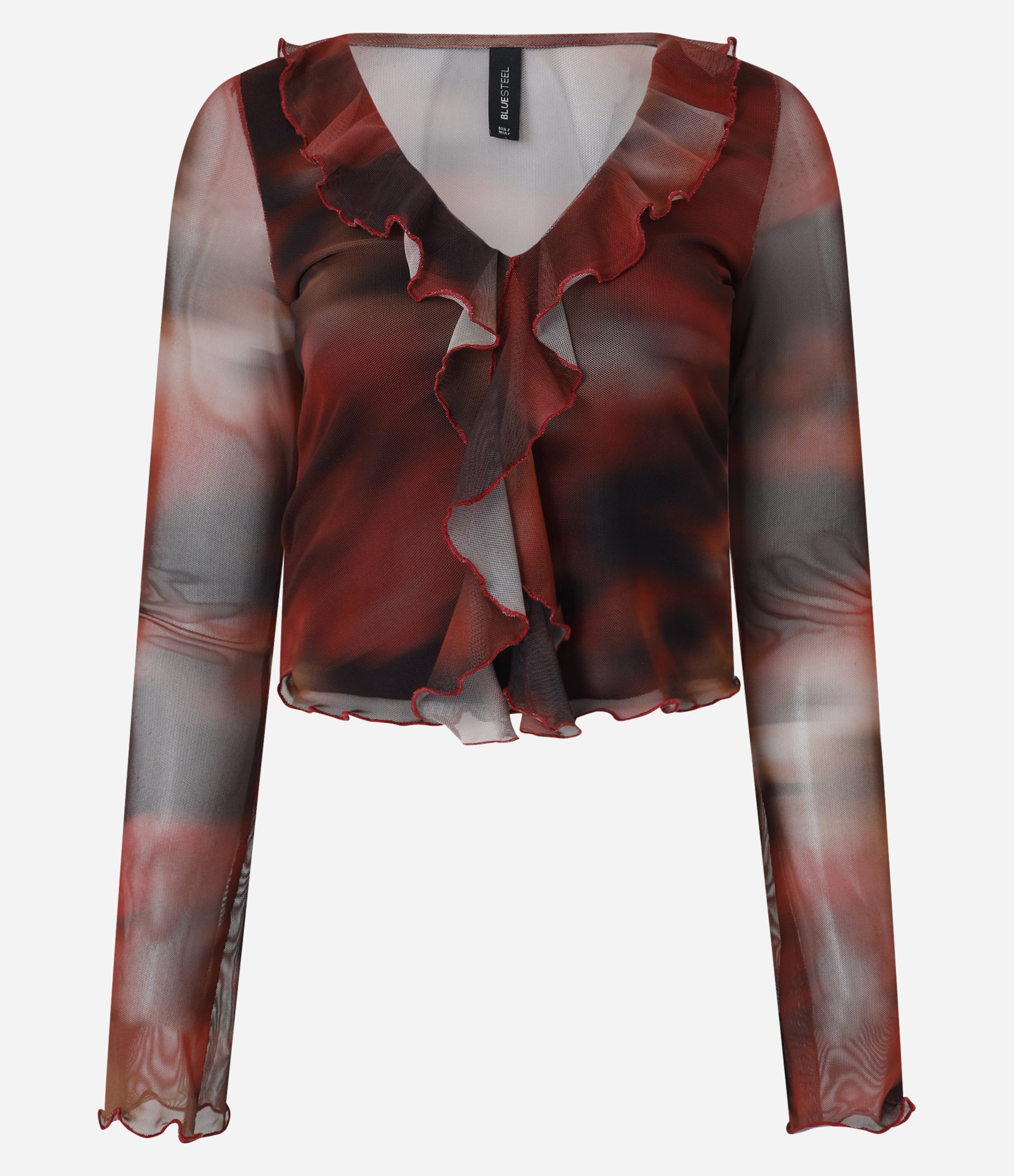 Blusa em Tule com Estampa Abstrata e Decote V com Babados Vermelho 5
