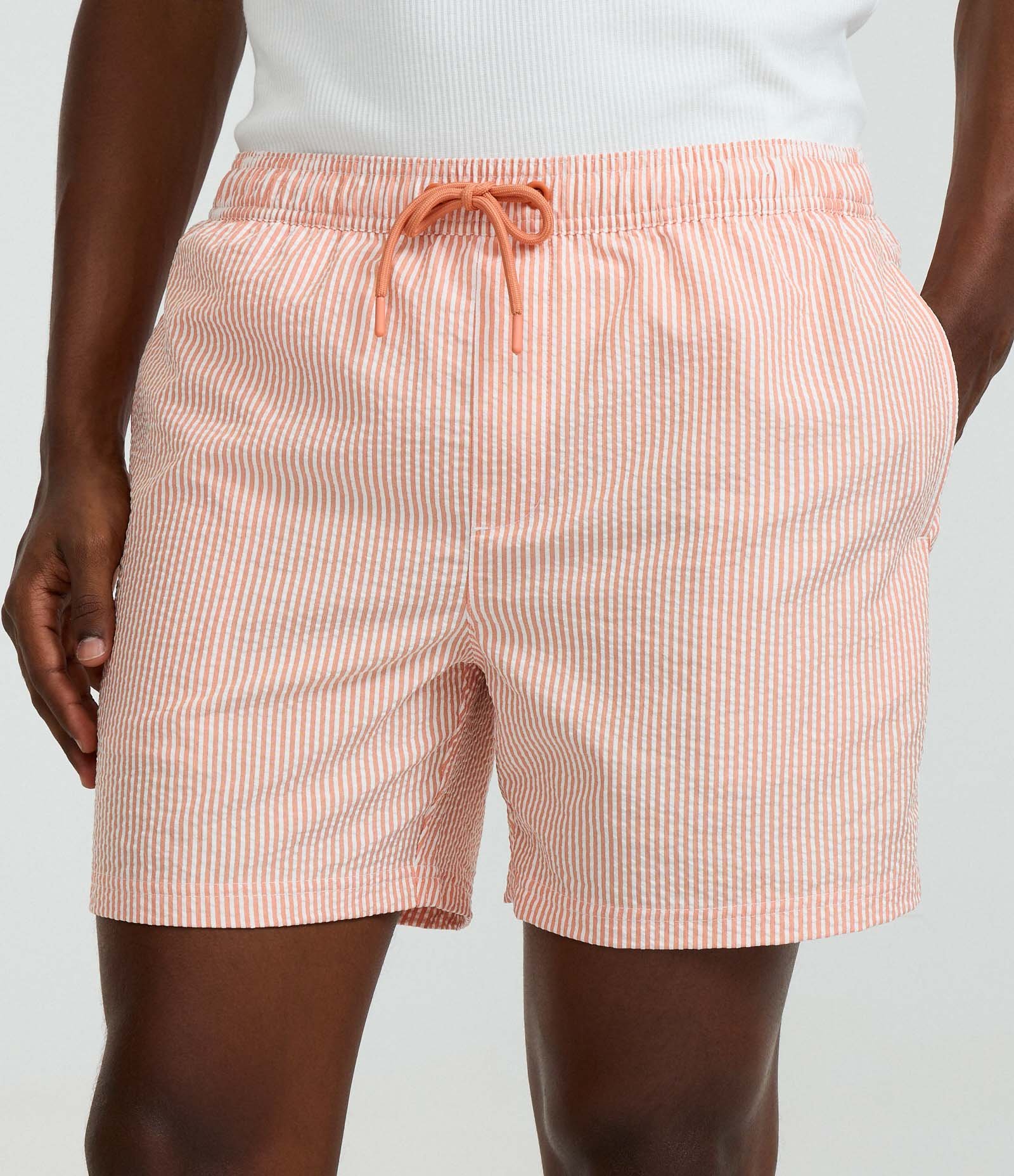 Bermuda de Praia Listrada em Microfibra com Textura Anarruga Laranja 1