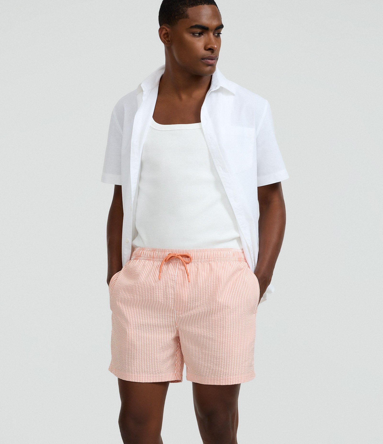 Bermuda de Praia Listrada em Microfibra com Textura Anarruga Laranja 2