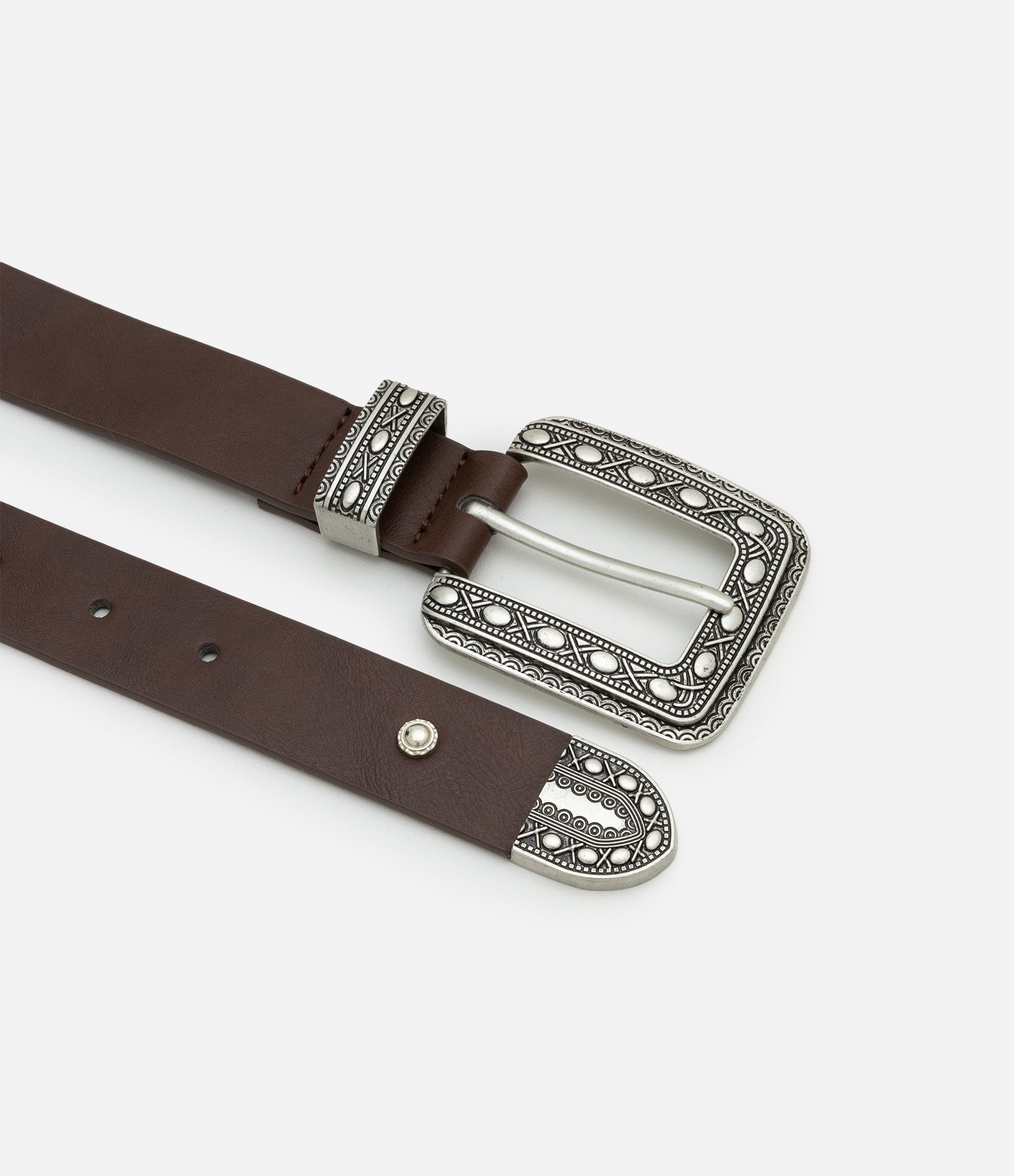 Cinto Western Médio em PU com Metais Trabalhados Marrom 2