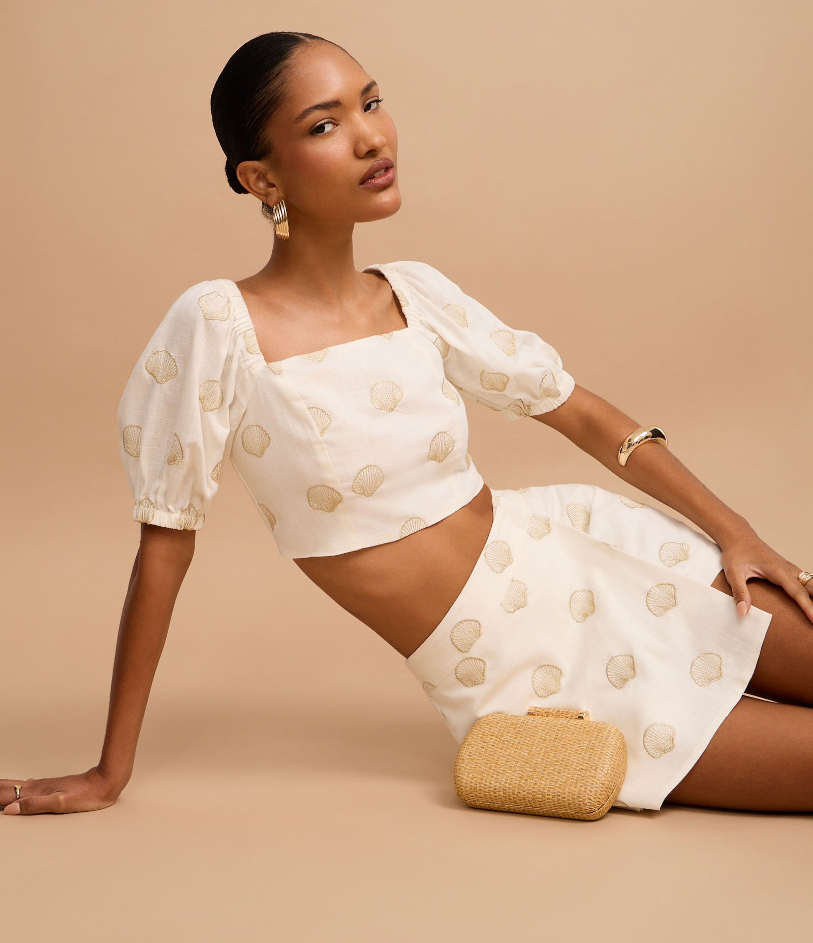 Short Saia em Viscolinho com Estampa de Conchas Off White 6