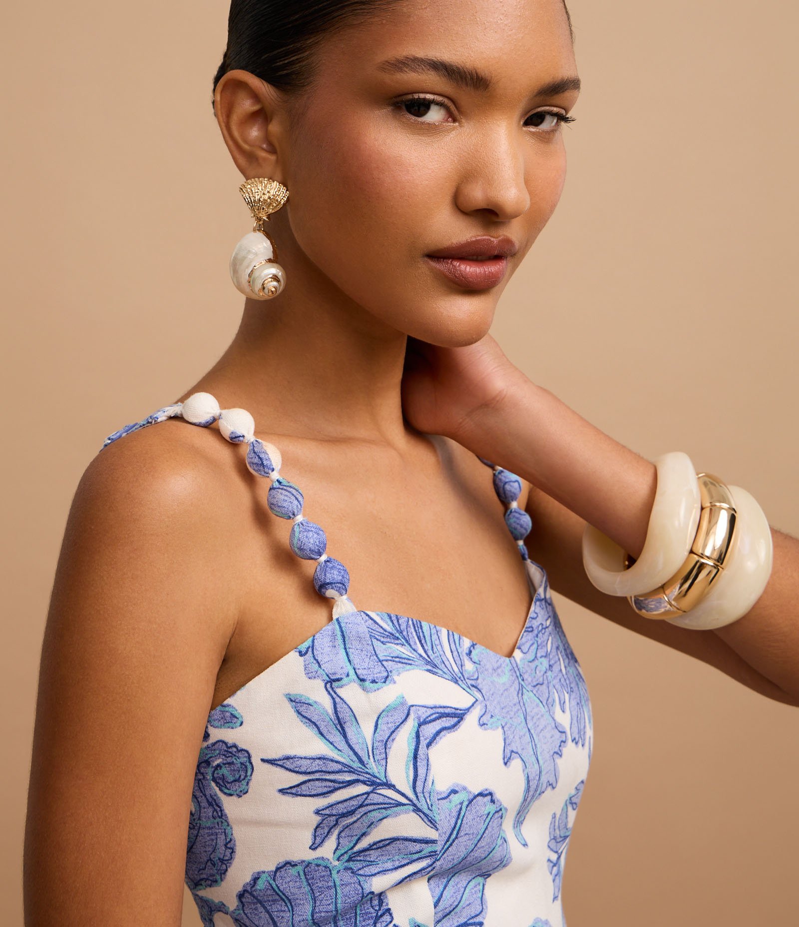 Vestido Reto Curto em Viscolinho com Estampa Marinha Azul/Branco 4