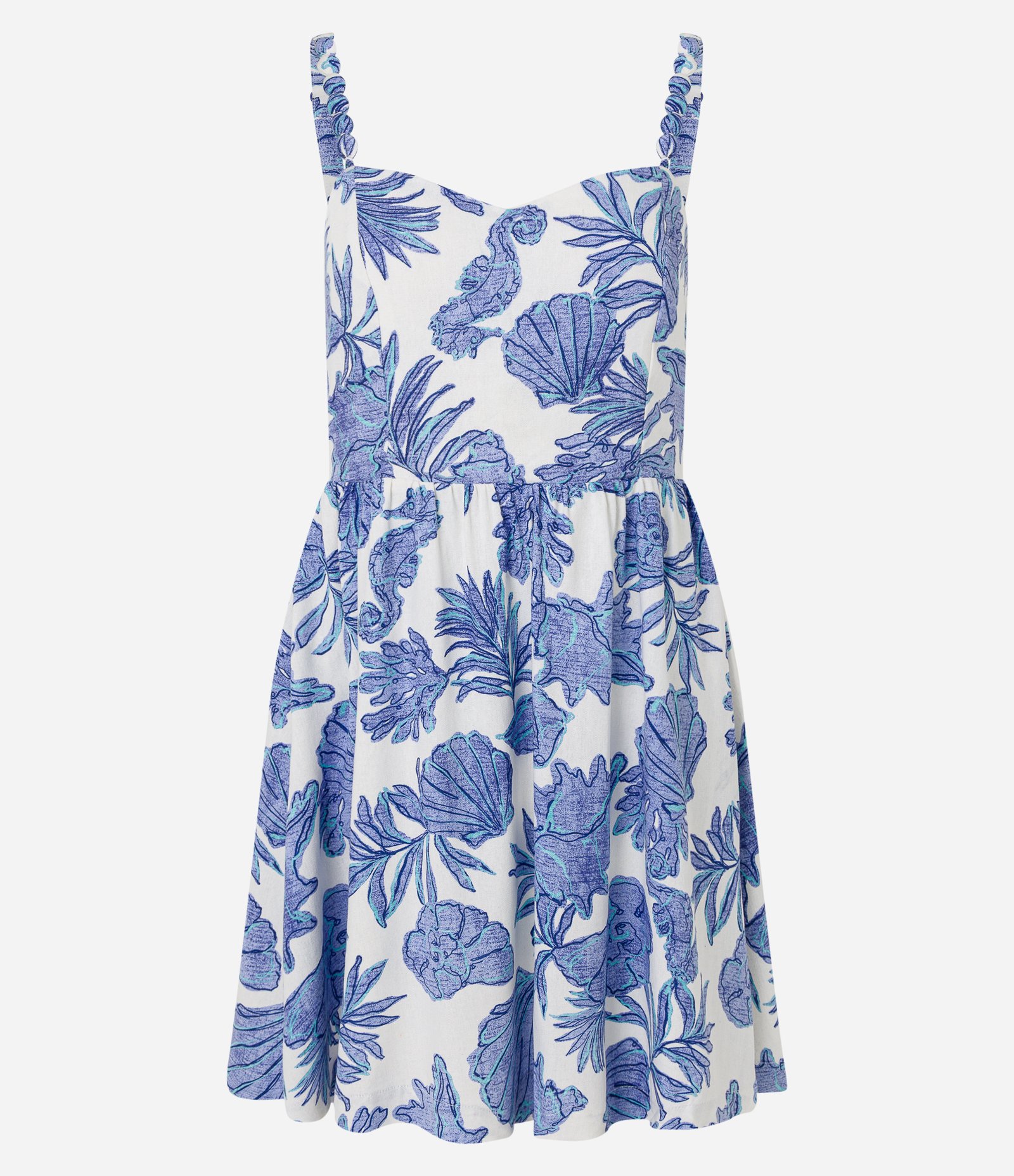 Vestido Reto Curto em Viscolinho com Estampa Marinha Azul/Branco 7