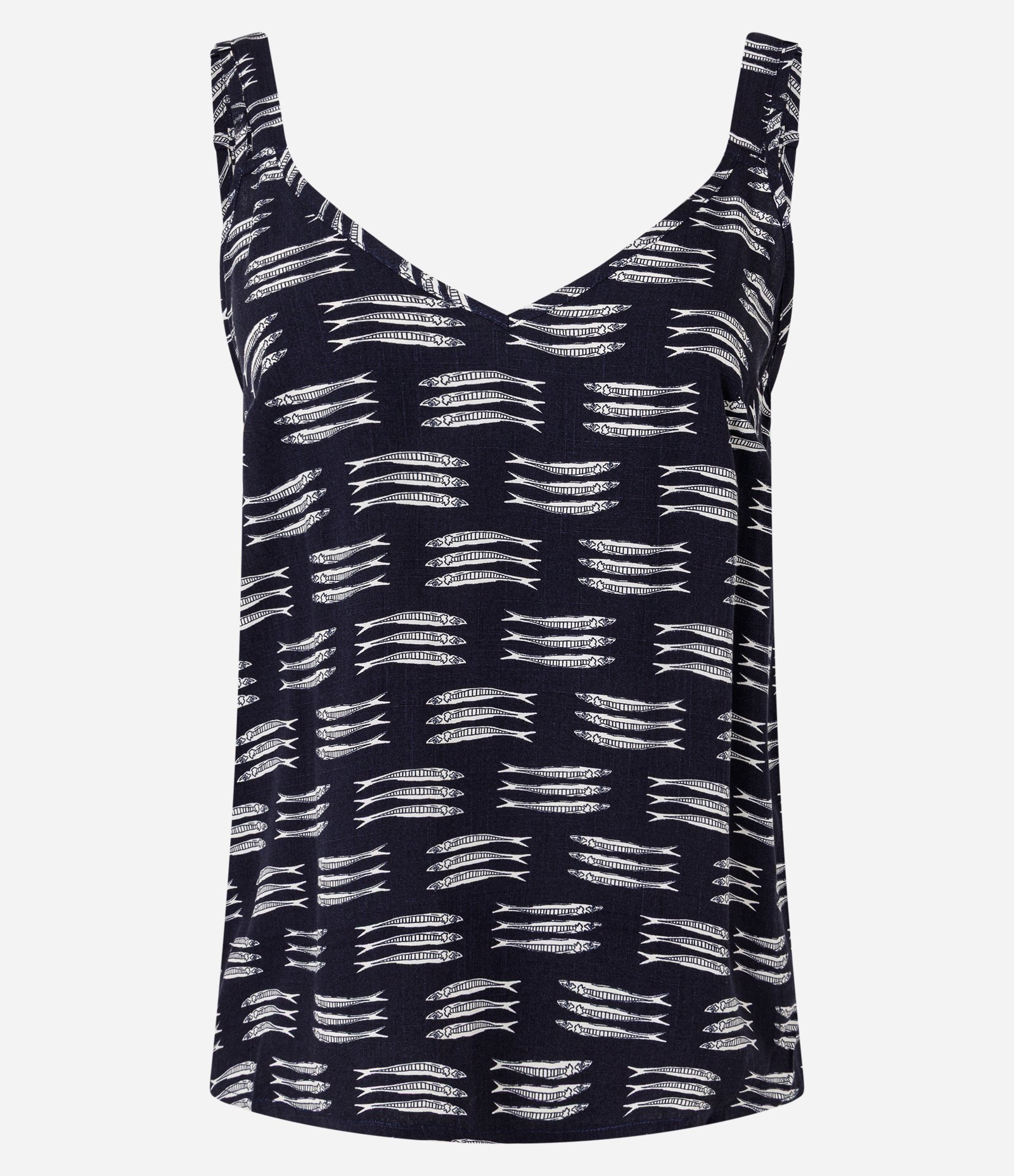 Blusa em Viscose com Decote V e Estampa de Peixes Azul Marinho 5