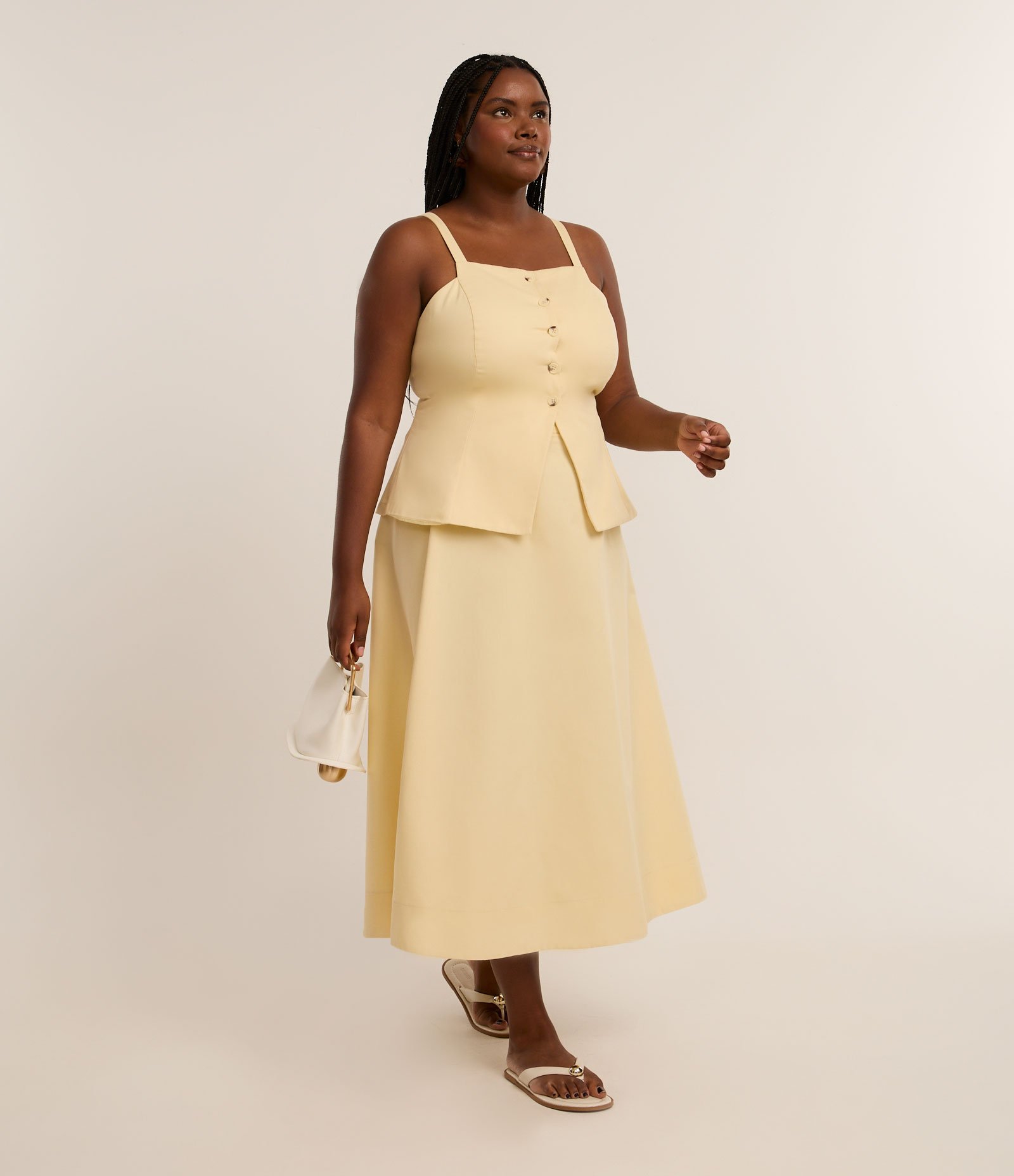 Saia Midi em Sarja com Cinto Faixa Curve & Plus Size Amarelo 1