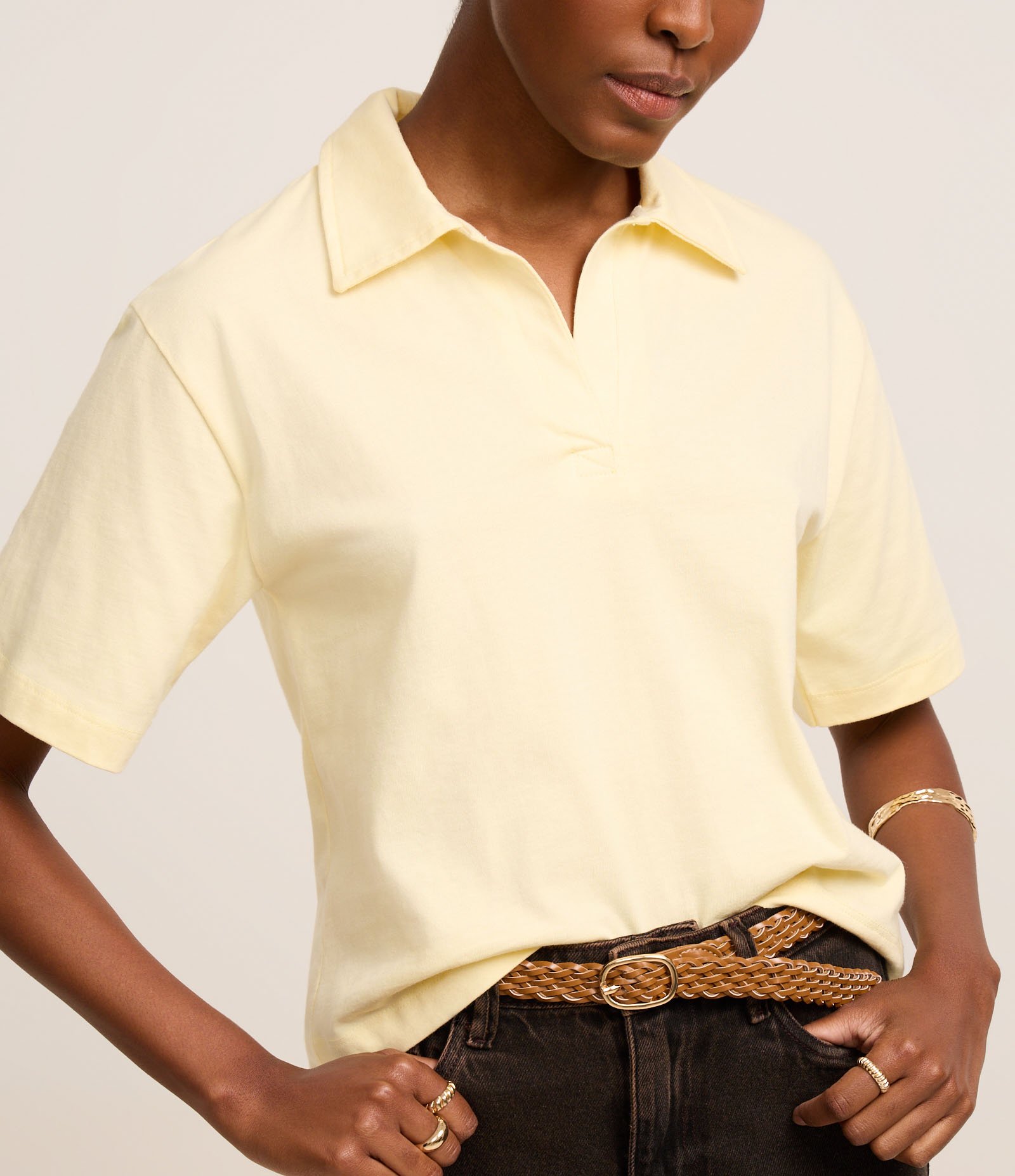 Blusa em Algodão com Gola Polo e Manga Curta Amarelo Pastel 4