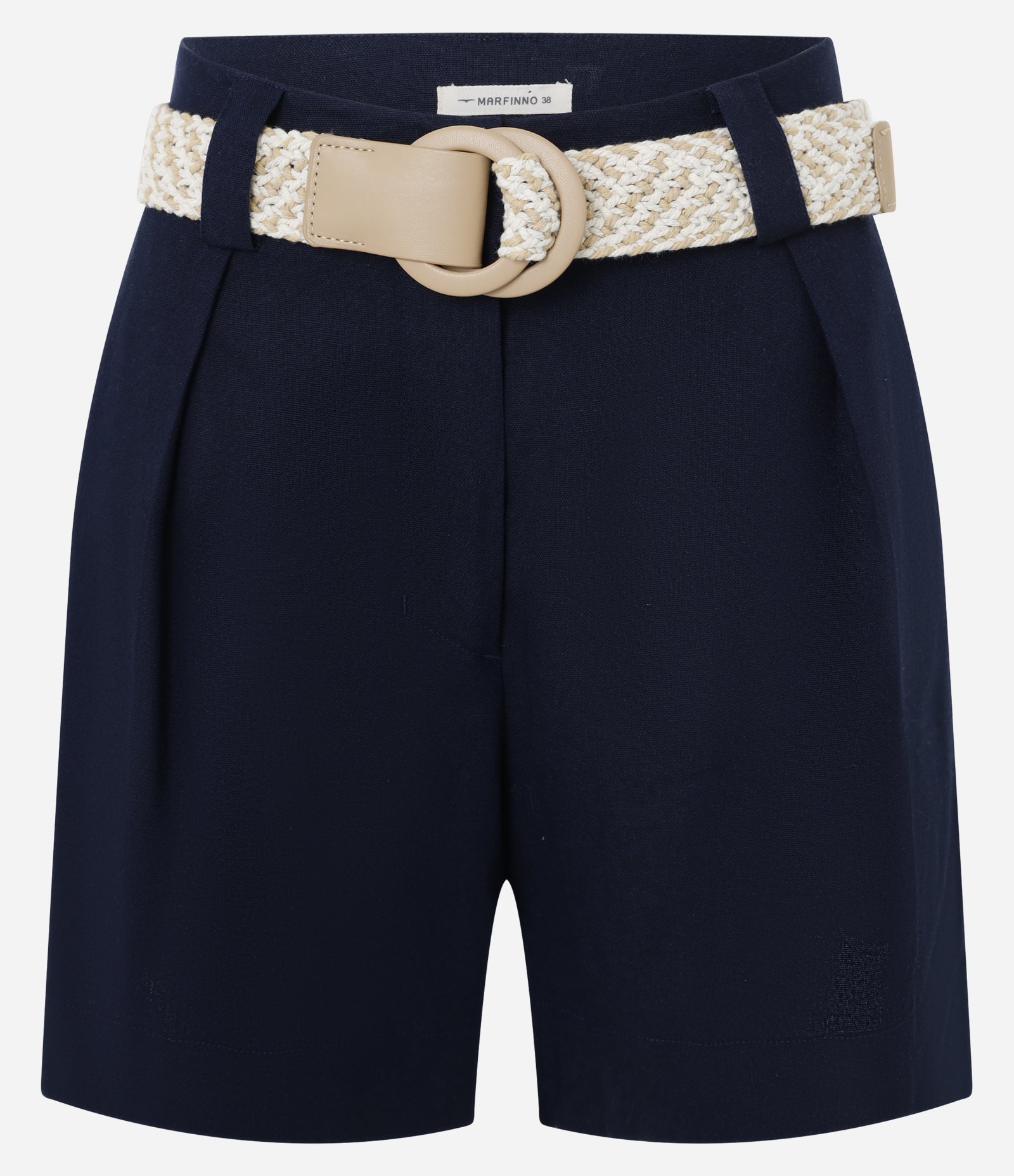 Short Reto Cintura Alta em Viscolinho com Cinto de Ráfia Azul Marinho 5