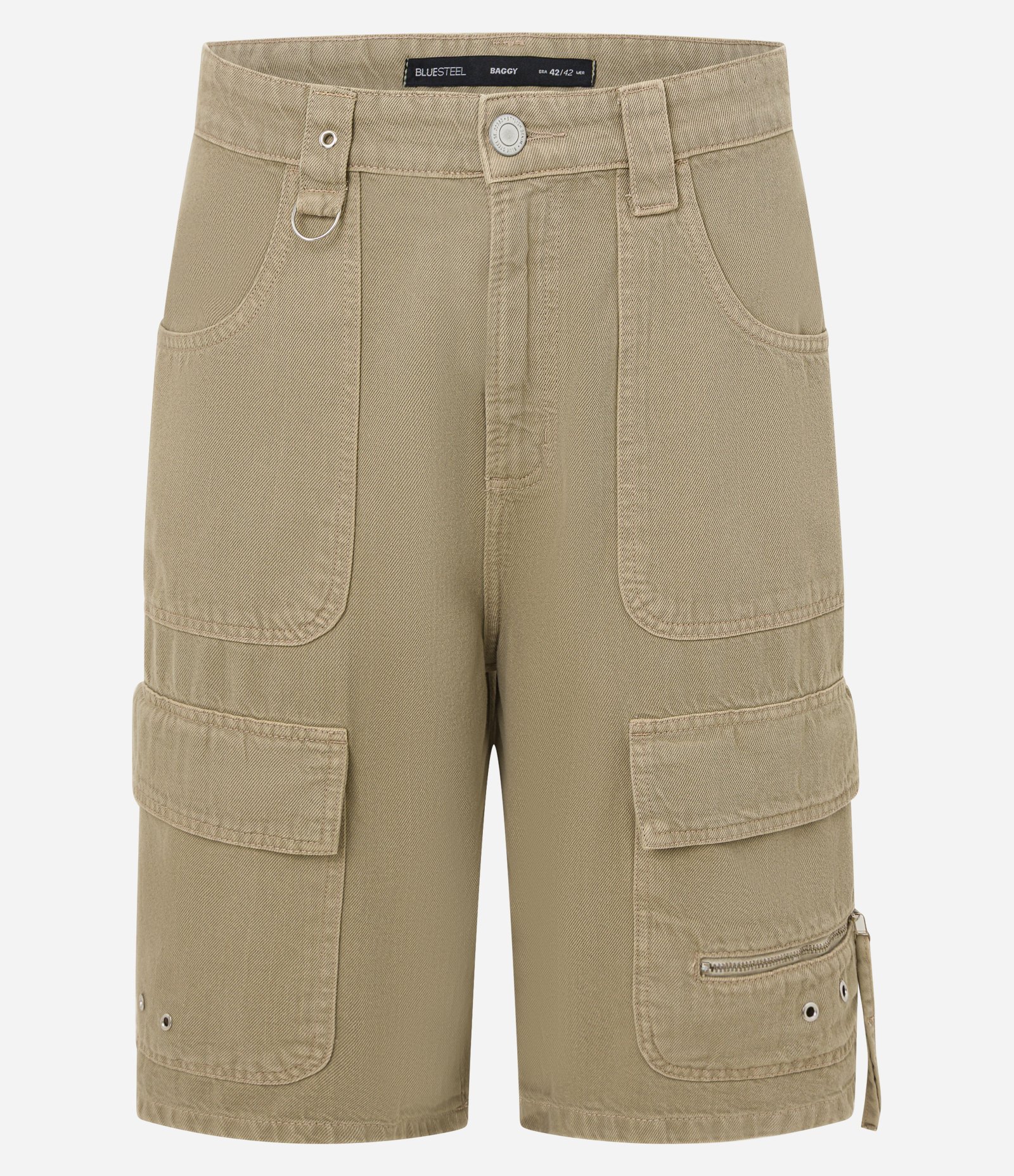 Bermuda Baggy em Sarja com Bolso Cargo e Detalhes de Ilhós Verde 1