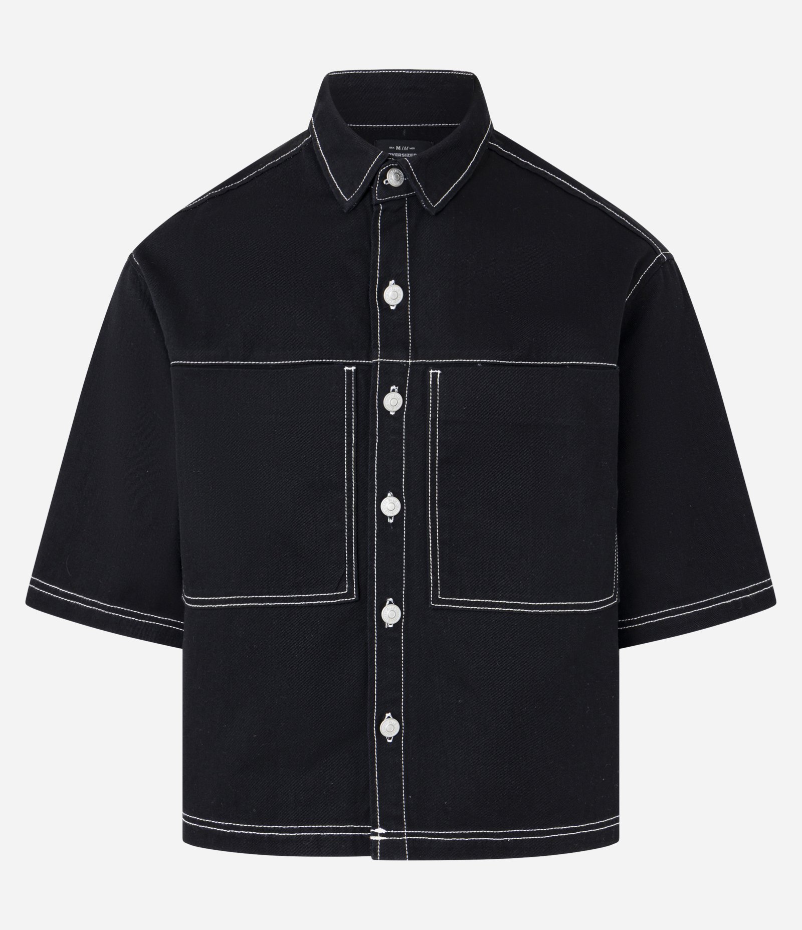 Camisa Boxy em Sarja com Bolsos Grandes e Costura Contrastante Preto 5