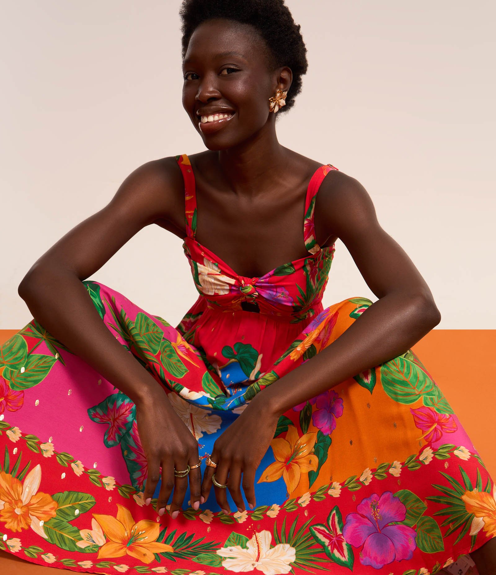 Vestido Long Midi Rodado em Viscose com Estampa Floral Laranja 7