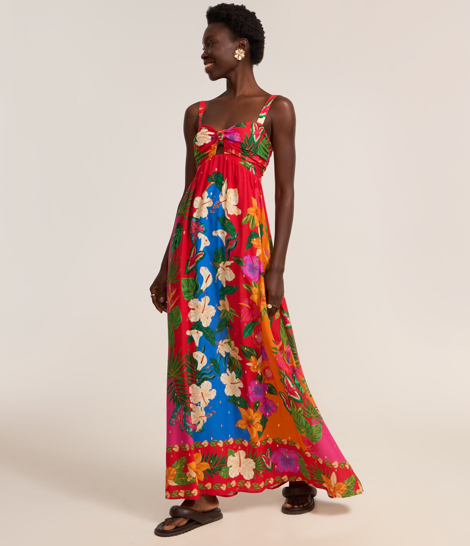 Vestido Long Midi Rodado em Viscose com Estampa Floral Laranja 2